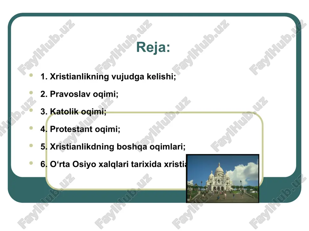 rhamatidir. protestant cherkovining kalvinistik yo‘nalishdagi davomchilari (kalvinistlar yoki reformatorlar) shotlandiya, gollandiya, shimoliy germaniya, fransiya, angliyada keng obro‘ga va ta’sirga ega edilar. kalvinizm. diniy islohotning boshqa bir yirik arbobi jan kalvin (1509-1564) edi. uning 1536 yilda nashr etilgan «xristian dinidagi ko‘rsatmalar» degan bosh asari, protestantizm ta’limot sifatida shakllanganidan keyin yangi bir diniy yo‘nalish - kalvinizmning asosi bo‘lib qoldi. katolik oqimi. xristianlikning yirik yo‘nalishlaridan biri katoliklardir. u evropa, osiyo, afrika va lotin amerikasi mamlakatlarida tarqalgan bo‘lib, muxlislari taxminan 800 mln. kishini tashkil etadi. katolisizm umumiy, dunyoviy degan ma’nolarni ifodalaydi. uning manbai - uncha katta bo‘lmagan rim xristian jamoasi bo‘lib, rivoyatilarga ko‘ra uning birinchi episkopi apostol petr bo‘lgan. protestantizm protestanizm tarixi martin lyuterdan (1483-1546) boshlanadi. u birinchi bo‘lib katolik cherkovi bilan aloqani uzdi va protestant cherkovining asosiy qoidalarini ishlab chiqdi va uni himoya qildi. bu nizomga ko‘ra, insonning xudo bilan bevosita muloqoti mumkin. lyuterning diniy va dunyoviy hokimiyatga qarshi chiqishlari, katolik dindorlarning imonni …