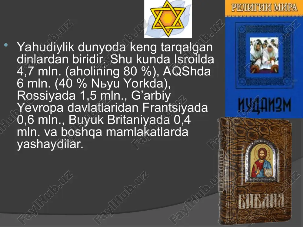 ning uchun ularga ibriylar yoki ibroniylar («kechib o’tuvchilar»)nomi berilgan. yahudiylik ta’limoti bo’yicha muso payg’ambar tur tog’ida yahve bilan uchrashganda yagona xudo tomonidan 10 ta lavha tushirilgan. ushbu lavhalarda mazkur din asosini tashkil etgan 10 ta nasihat bor edi. bu nasihatlar tavrotning «ikkinchi qonun» kitobidan o’rin olgan bo’lib, yahudiylar ularga qat’iy rioya qilishlari shart. ular quyidagilardir: 1. yahvedan boshqani iloh deb bilmaslik; 2. but, sanam va rasmlarga sig’inmaslik; 3. bekordan-bekorga xudo nomi bilan qasam ichmaslik; 4. shanba kunini hurmat qilish va uni xudo uchun bag’ishlash; 5. ota-onani hurmat qilish; 6. nohaq odam o’ldirmaslik; 7. zino qilmaslik; 8. o’g’rilik qilmaslik; 9. yolg’on guvohlik bermaslik; 10.yaqinlarning narsalariga ko’z olaytirmaslik. tavrot manbalari. yahudiy dini boshqa dinlar kabi o’zining muqaddas yozuvlariga ega. uning asosan ikkita manbasi bo’lib, biri – mil. av. xiii asrda yashagan va isroil xalqini misrdan olib chiqib ketilishiga boshchilik qilgan muso payg’ambarga tur tog’ida berilgan tora (tavrot; torah of moses; totah shebikhtav), …