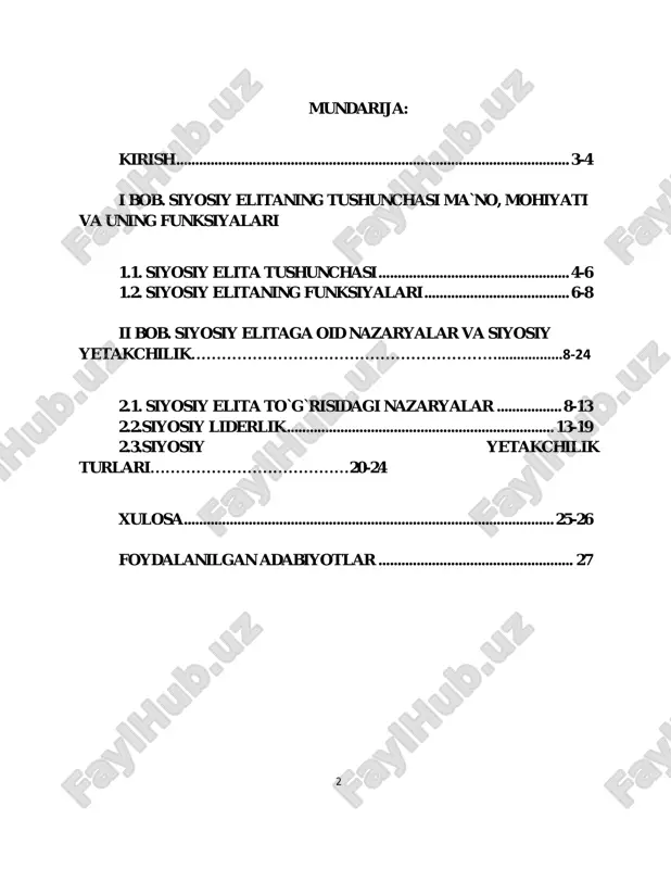 hli ta'sirga ega ijtimoiy garuhga mansubligini bildiradi. siyosiy elita jamiyat rivojini maqsadlari va yo'nalishlarini ishlab chiqadi. u strategik jihatdan muhim qarorlarni qabul qiladi va ularni amalga oshirish uchun davlat hokimiyati egalik qilayotgan barcha manbalarni ishga soladi. jamiyat eng qadimgi davrlardanoq asilzodalar, oq suyaklar, oliy tabaqaga va xalqqa ajratib kelingan. bunday ajratish hayotda mavjud asl holatni aks ettirgan. jumladan, bizning buyuk ajdodlarimiz qalamiga mansub asarlarning aksariyatida kelib chiqishi nasabi, aqi zakovati, jasorati bois xalq mehrini qozongan va xalq boshida turgan qahramonlar, beklar, shohlar obrazlari tahlil qilinadi. ammo, faqat xix asr oxiriga kelib elitalarning kelib chiqishi, jamiyatdagi roli, vazifalari haqidagi qarashlar ilmiy tahlil tusini oladi. deyarli bir vaqtda ushbu masalalar haqida o'z fikrini aytgan italiyalik olim v. pareto va nemis olimi r.mixels elitalani siyosatning alohida subyekti sifatida ajratib, uning amaliy faoliyatini o`rgana 4 boshladilar. ularning ijodi elitologiya faniga asos soldi va unda "makiavelli maktabi" yo'nalishini tashkil etdi. kurs ishini ob’ekti: siyosiy elita …
