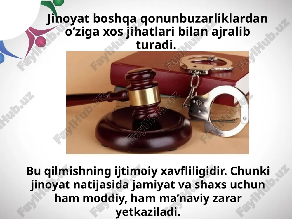 b shakllari, ya’ni qasd va ehtiyotsizlik bilan cheklanib qolmaydi, u motiv va maqsadlarni ham o‘z ichiga oladi. jinoyat sodir etgan shaxs o‘z qilmishining ijtimoiy xavflilik xususiyatini anglagan va shunga qaramay, uni sodir etishni istagan bo‘lsa, bunday jinoyat qasddan sodir etilgan deb topiladi. jinoyat qonunchiligida to‘g‘ri yoki egri qasd degan tushunchalar mavjud. shaxs o‘z qilmishining ijtimoiy xavfli xususiyatini anglagan, uning oqibatlariga ko‘zi yetgan va ularning yuz berishidan bosh tortmagan bo‘lsa, bunday jinoyat to‘g‘ri qasddan sodir etilgan deyiladi. savol va topshiriqlar: 1. jinoyat boshqa huquqbuzarliklardan qaysi jihatlari bilan ajralib turadi? 2. jinoyat belgilarini tushuntirib bering. 3. aybli qilmish deganda nimani tushunasiz? 4. to‘g‘ri va egri qasd deganda nimani tushundingiz? 5. quyida berilgan vaziyatlarda jinoyat alomatlari bormi? ulardan qaysi biri ehtiyotsizlik oqibatida sodir etilgan? image2.jpeg image3.jpg image4.jpg image5.jpg image6.jpeg image7.jpg image8.jpg image9.jpeg image10.jpeg image11.jpeg image12.jpeg image13.jpeg image14.jpeg image15.jpeg image16.jpg image1.jpg /docprops/thumbnail.jpeg
