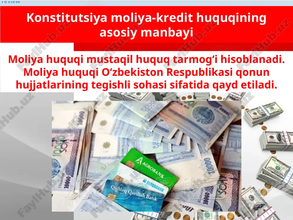 yat turini amalga oshiradi. moliyaviy faoliyat jarayonida yuzaga keluvchi huquqiy munosabatlarni moliya huquqi tartibga soladi. mazkur munosabatlarni quyidagi guruhlarga taqsimlash mumkin: 1) davlat va ma’muriy-hududiy tuzilmalarning byudjet sohasidagi faoliyati; 2) davlat va ma’muriy-hududiy tuzilmalarning soliq sohasidagi faoliyati; 3) davlat va ma’muriy-hududiy tuzilmalarning kredit sohasidagi faoliyati; 4) davlat va mahalliy korxonalarning moliyaviy faoliyati; 5) majburiy sug‘urta sohasidagi davlat faoliyati; 6) davlat va mahalliy organlarning byudjetdan tashqari jamg‘armalar sohasidagi faoliyati. kreditlashtirish asosida ajratilgan pul mablag‘lari korxona, tashkilot va fuqarolar tomonidan muayyan vaqtgacha qaytarilishi lozim. pul mablag‘i ma’lum muddatga, ma’lum summada qaytarish sharti bilan ajratiladi. savol va topshiriqlar 1. o‘zbekiston respublikasi moliya tizimi bo‘g‘inlarini tushuntirib bering. 2. huquq tizimida moliya huquqining tutgan o‘rni nimada? 3. moliya huquqi qanday munosabatlarni tartibga soladi? 4. davlat o‘zining moliyaviy faoliyatini qanday amalga oshiradi? 5. sizning hayotingizda davlatning moliyaviy faoliyati qanday aks etadi? 6. ta’lim sohasida davlat qanday moliyaviy faoliyatni amalga oshiradi? modern financial analysis
