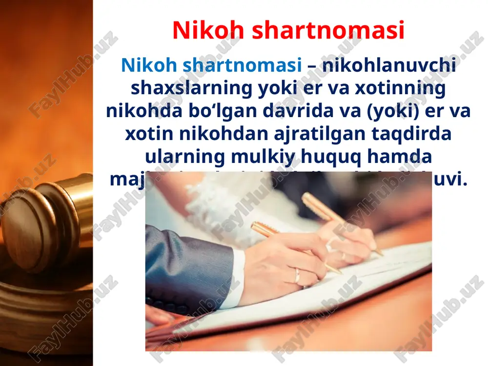 o‘lganida er va xotin mulkiy munosabatlarining muhim jihatlari bo‘yicha nizomlar qayd etiladi. nikoh shartnomasi er-xotinning kelishuvi bilan istalgan vaqtda o‘zgartirilishi yoki bekor qilinishi mumkin. nikoh shartnomasi nikoh shartnomasini bajarishdan bir tomonlama bosh tortishga yo‘l qo‘yilmaydi. nikoh shartnomasi er-xotindan birining talabi bilan o‘zbekiston respublikasi fuqarolik kodeksida belgilangan asoslar va tartibda sudning hal qiluv qarori bilan o‘zgartirilishi yoki bekor qilinishi mumkin. savol va topshiriqlar 1. nikoh shartnomasini fuqarolik huquqidagi boshqa shartnomalar bilan taqqoslang va nikoh shartnomasiga kiritilishi lozim bo‘lgan hamda kiritilishi mumkin bo‘lmagan shartlarning o‘zaro farqini tahlil qiling. 2. nikoh shartnomasida nikoh tugatilganidan keyingi davr nazarda tutiladimi? 3. nikohni tegishli tartibda qayd qilmay turib er-xotin bo‘lish mumkinmi? 4. nima uchun nikoh shartnomasi faqat shaxsan tuzilishi zarur bo‘lgan bitimlar tarkibiga kiradi? image1.jpg image2.jpeg image3.jpeg image4.jpeg image5.jpg image6.jpeg image7.jpeg image8.jpeg image9.jpeg image10.jpeg image11.png image12.png image13.jpg image14.jpeg /docprops/thumbnail.jpeg