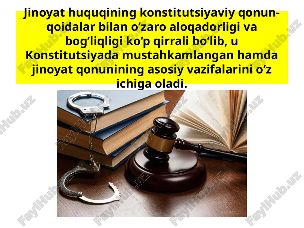 tilgan qilmishlar doirasini aniqlash; jinoiy jazo choralarini tayinlash; jazodan tashqari huquqiy ta’sir choralarini tayinlash va hokazo. mazkur vazifalarni amalga oshirishda jinoyat kodeksi qonuniylik, fuqarolarning qonun oldida tengligi, demokratizm, insonparvarlik, odillik, ayb uchun javobgarlik, javobgarlikning muqarrarligi prinsiplariga asoslanadi. mazkur tizimga kiritilgan barcha prinsiplar o‘zaro teng qimmatlidir. ularning har biri mustaqil mohiyatga ega bo‘lib, davlatning jinoyat huquqiga oid siyosatini amalga oshirish uchun zarur bo‘lgan bir qator vazifalarni bajaradi. o‘zbekiston respublikasi jinoyat huquqining asosiy prinsiplariga: qonuniylik — sodir etilgan qilmishning jinoiyligi, jazoga sazovorligi va boshqa huquqiy oqibatlari faqat jinoyat kodeksi bilan belgilanadi. fuqarolarning qonun oldida tengligi — jinoyat sodir etgan shaxslar jinsi, irqi, millati, tili, ijtimoiy kelib chiqishi, e’tiqodi, shaxsiy va ijtimoiy mavqeyidan qat’i nazar, bir xil huquq va majburiyatlarga ega; demokratizm — jamoat birlashmalari, fuqarolarning o‘zini-o‘zi boshqarish organlari yoki jamoalar jinoyat sodir etgan shaxslarni ahloqni tuzatish ishiga qonunda nazarda tutilgan hollarda jalb qilishlari mumkin; insonparvarlik — jazo va boshqa huquqiy ta’sir choralari …
