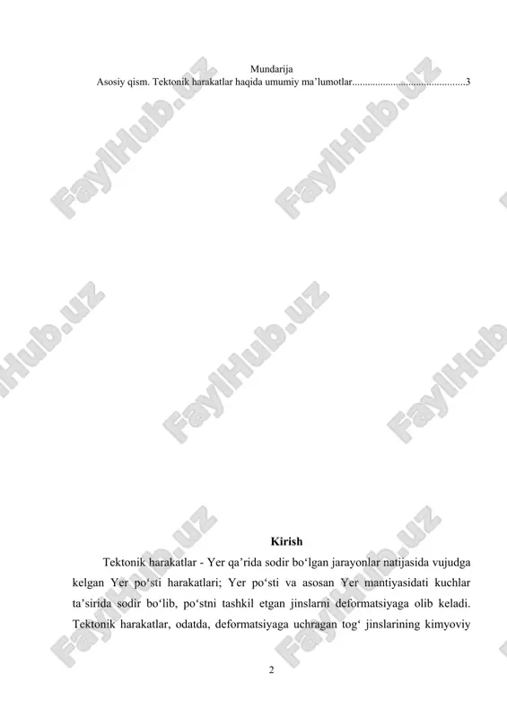 imi r. v. van bemmelen esa tektonik harakatlar ni undatsion (toʻlqinli) va undulyatsion (burmali) harakatlarga boʻldilar (qarang yer pusti tebranma harakatlari). tektonik harakatlar sodir boʻlish shakli va vujudga kelish chuqurligi, mexanizmi va paydo boʻlish sabablari har xil ekanligi maʼlum boʻldi. 18-asr oʻrtalarida tektonik harakatlarni boshqa prinsip boʻyicha sekin (asriy) va shiddatli boʻladigan harakatlarga ajratdilar. tez sodir boʻladigan harakatlar, odatda, zilzilalar bilan bogʻliq boʻlib, gʻoyat qisqa muddatda kechadi. zilzila vaqtida yer yuzasidagi siljishlar bir necha m ga yetadi, baʼzan 10 m dan ham oshadi. lekin bu siljishlar jamlanganda sekin siljishlardan koʻp ham ortiq emas. asosiy qism. tektonik harakatlar haqida umumiy ma’lumotlar 1. tektonik harakatlar zilzilalar qabilida kechadigan jarayonlar majmuasi tektonik harakatlar deyiladi. tektonik harakatlar uzlukli-uzluksiz ravishda kechadi, ya’ni uning intensivligi geologik vaqt davomida goh kuchayib, goh susayib turadi. ular yer po‘stining relefi, materiklarning paydo bo‘lishi, umuman yerning paleogeografik taraqqiyotida yetakchi o‘rinda turadi. yer taraqqiyoti tarixida tog‘ hosil qiluvchi kuchli tektonik harakatlar …