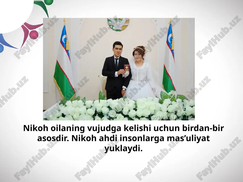 ganlar o‘rtasida nikoh tuzilishiga ruxsat berilmaydi. yaqin qarindoshlar o‘rtasidagi nikohni qonun yo‘li bilan taqiqlash axloqiy qoida hamda biologik nuqtayi nazarga, tibbiyot fani yutuqlari va xulosalariga asoslanadi. 3. loaqal bittasi ruhiyat buzilishi (ruhiy kasalligi yoki aqli zaifligi) sababli sud tomonidan muomalaga layoqatsiz deb topilgan shaxslar o‘rtasida nikoh tuzilishiga yo‘l qo‘yilmaydi. bunday shaxslar o‘z qilmishlarining oqibatiga to‘liq javob bera olmaydilar va nikoh tuzishga ongli ravishda o‘z xohishlarini izhor eta olmaydilar. savol va topshiriqlar: 1. oila quradigan inson qanday mas’uliyatlarni zimmasiga olishi kerak? 2. oila qurish uchun nimalarga ega bo‘lish kerak? 3. quyidagilardan qaysi biri bo‘lmasa ham oila qurish mumkin: moddiy imkoniyatlar, ma’naviy tayyorgarlik, ruhiy tayyorgarlik, jismoniy (biologik) tayyorgarlik? 4. sizningcha, oilada turmushning qiyinchiliklari ko‘proq kimning zimmasiga tushadi? fikringizni asoslang. image2.jpeg image3.jpeg image4.jpg image5.jpeg image6.jpeg image7.jpeg image8.jpeg image9.jpeg image10.jpeg image11.jpeg image12.jpeg image13.jpeg image14.jpeg image15.jpeg image16.jpeg image1.jpg /docprops/thumbnail.jpeg