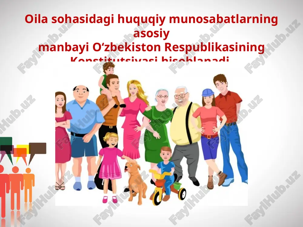 alarini hal qilish, mashg‘ulot turi, kasb va turar joy tanlash huquqlari kiradi. oilaviy-huquqiy munosabatlar o‘zining ba’zi bir belgilari bilan fuqarolik-huquqiy munosabatlarga o‘xshab ketadi. biroq bu o‘xshashlik faqat tashqi ko‘rinishdir. oila huquqining subyektlari har qanday boshqa munosabatlarda bo‘lganidek, oilaviy huquqiy munosabatlarda ham uch element: subyekt, subyektiv huquq va majburiyatlarni ko‘rishimiz mumkin. oilaviy munosabatlarning subyekti bo‘lib, er-xotin, ota-ona, bolalar, vasiylar va homiylar, boshqa qarindosh- urug‘lar hamda oila qonunlari sohasida u yoki bu munosabatlarni hal etishda ishtirok etuvchi yuridik shaxslar, fuqarolar uyushmasi, muassasalar, organlar, ijtimoiy birlashmalar hisoblanadi. savol va topshiriqlar 1. o‘zbekiston respublikasi konstitutsiyasida xotin-qizlar va erkaklar teng huquqli ekanliklari e’tirof etiladi. «oilada teng huquqlilik» tushunchasi qanday munosabatlarga nisbatan ko‘proq ishlatiladi? 2. oilaviy huquqiy munosabatlar deganda nimani tushundingiz? hayotiy misollar keltiring. 3. oilaviy huquqiy munosabatlar bilan fuqarolik huquqiy munosabatlarning bir-biridan farqi nimada? 4. oilaviy huquqiy munosabatlar subyektlariga misol keltiring. 5. nima uchun oila jamiyatning asosiy negizi deb ataladi? fikringizni asoslang. image2.jpeg image3.jpeg image4.jpeg …