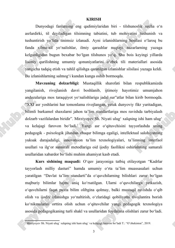psixologik jihatdan chuqur bilimga egaligi, intellektual salohiyatning yuksak darajadaligi, innovatsion ta’lim texnologiyalari, ta’limning interfaol usullari va ilg‘or samarali metodlariga oid ijodiy faollikni oshirishning samarali usullaridan xabardor bo‘lishi muhim ahamiyat kasb etadi. kurs sishining maqsadi: o‘quv jarayoniga tatbiq etilayotgan “kadrlar tayyorlash milliy dasturi” hamda umumiy o‘rta ta’lim muassasalari uchun yaratilgan “davlat ta’lim standarti”da o‘quvchilarning bilishlari zarur bo‘lgan majburiy bilimlar hajmi aniq ko‘rsatilgan. ularni o‘quvchilarga yetkazish, o‘quvchilarni faqat puxta bilim olibgina qolmay, balki mustaqil ravishda o‘qib olish va ijodiy izlanishga yo‘naltirish, o‘zlaridagi qobiliyatni rivojlantira borish ko‘nikmalarini orttira olish uchun o‘qituvchilar yangi pedagogik texnologiya asosida pedagogikaning turli shakl va usullaridan foydalana olishlari zarur bo‘ladi. 1 mirziyoyev sh. niyati ulug` xalqning ishi ham ulug` va kelajagi farovon bo’ladi t.: “o’zbekiston”, 2019. 3 hozirgi kunda barcha ta’lim muassasalarida o‘qitish jarayonida interfaol usullardan foydalanishga erishilmoqda. kurs ishining obyekti: bu esa interfaol ta’lim asosida tashkil etilayotgan pedagogik jarayonlarning mazmun-mohiyatini to‘liq tushunib yetishga va ularni samarali, qiziqarli, sifatli …