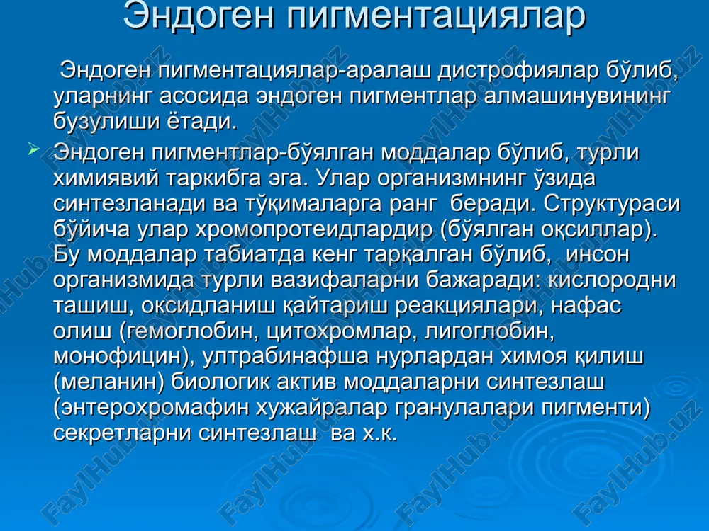 sharoitda, boshqa qismi esa patologik xolatlarda hosil bo'ladi. fiziologik sharoitda gemosiderin, ferritin, bilirubin va kam miqdorda porfirinlar xosil bo'ladi. patologik sharoitlarda — gematoidin, gematinlar xosil bo'ladi va porfirinning miqdori keskin ortib ketadi. bu pigmentlarning ayrimlari ichakda so'rilgan temirdan sintezlanishi mumkin (gemosiderin, ferritin). gemoglobin gemoglobin — xromoproteid, unda temirporfirinli kompleks gem mavjud. gemoglobin molekulasining oqsil qismi ikki juft polipeptid zanjirlardan iborat bo'lib, xar birida 140tadan aminokislotalar to'plangan. gemoglobin tarkibidagi temir xisobiga u nafas olish funktsiyasini bajaradi. gemoglobin almashinuvi eritrotsitlarga bog'liq. fiziologik gemoliz asosan suyak ko'migida, ba'zan taloq va jigarning makrogistiotsitar sistemasida kuzatilib, ferritin, gemosiderin va bilirubin xosil bo'ladi. ferritin ferritin — temirproteid, tarkibida apoferritin oqsili va uchvalentli temir fosfat gidrookisi ko'rinishida bo'ladi.. ferritinni 20 yaqin izoferritinlari ma'lum. kislorod muxim axamiyatga ega: ferritin ikki valentli temirdan kislord yordamida sintezlanadi va ss-guruxli bog'lar xosil qiladi.. ferritin gipoksiya sharoitida sh-ferritin xosil bo'ladi, u vazoparalitik ta'sirga ega. ferritina temir metabolizmida asosiy o'rin tutadi. temirning erkin …