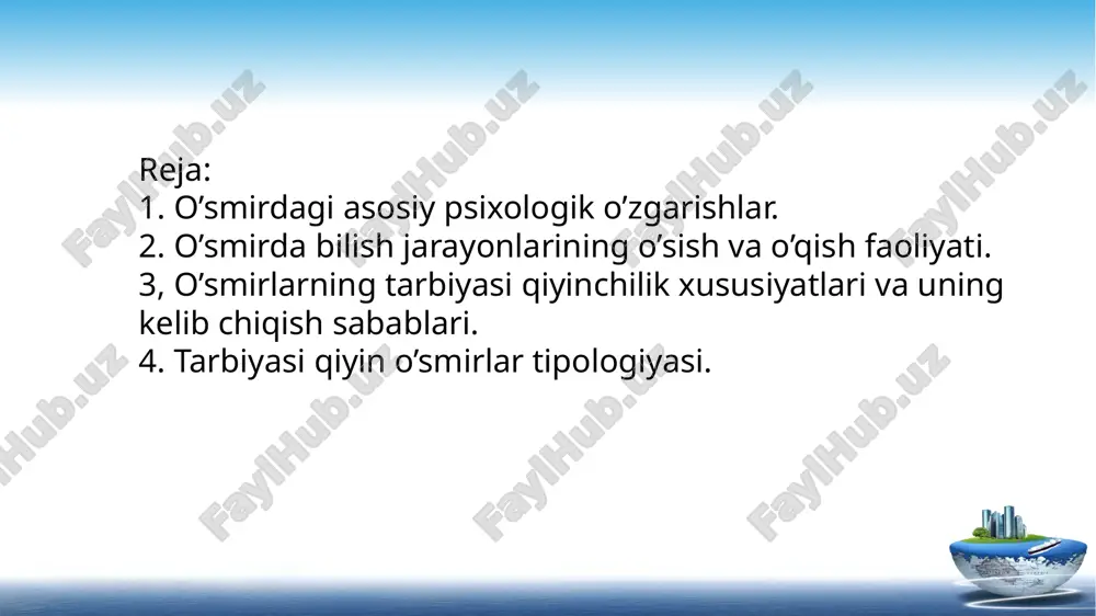 aqillik hosil bo’ladi. o’qituvchi o’quvchilarga o’quv materiallarini taqqoslashni, mavhumlashtirishni, o’z fikrini to’g’ri, ravon va aniq ifodalash yo’lini tushuntirib berishlari lozim. o’smirlarning o’quv faoliyatida, o’quv materialini o’zlashtirish darajasida, umumiy intellektual rivojlanishida turli darajadagi o’quvchilarni uchratish mumkin. o’quv faoliyatidagi kamchiliklar kichik sinflarda bilinmagan bo’lsa, v-vi sinflarda o’zlashtirishi keskin farqlanadigan bolalar ko’zga tashlanib qoladi. o’smirlarda nazariy, formal va refleksiv tafakkur turlari shakllanadi. xotira, idrok jarayonlari ham intellektualizaciya bo’la boshlaydi, ya`ni o’smir o’quv materiallarini tushinib idrok qilish va eslab qolishni o’rgana boshlaydi. o’smirlarning o’z-o’zini anglashi sifat jihatidan o’zgaradi. o’zi haqida o’ylash, o’zini boshqalar bilan taqqoslash o’smirning xususiyatidir. o’smir o’z kamchiligi ustida uylaydi, o’zidan qoniqmaslik hissi paydo bo’ladi. ko’pchilik o’smirlar kattalarga o’xshaydigan o’z tenglashlariga o’xshashga harakat qiladilar. tarbiyasi qiyin o’smirlarni bir necha shartli guruhlarga ajratish mumkin injiq tabiatli o’smirlar.; mustaqil fikrga ega bo’lmaganlar; orsiz, subutsiz o’smirlar; mustaqil fikrga ega bo’lmaganlar;; tarbiyasi qiyin o’smirlarni yuzaga keltiruvchi sabablar psixik rivojlanishdagi kamchiliklar; shaxs tarbiyasidagi nuqsonlar; bilish faoliyatidagi kamchiliklar; …
