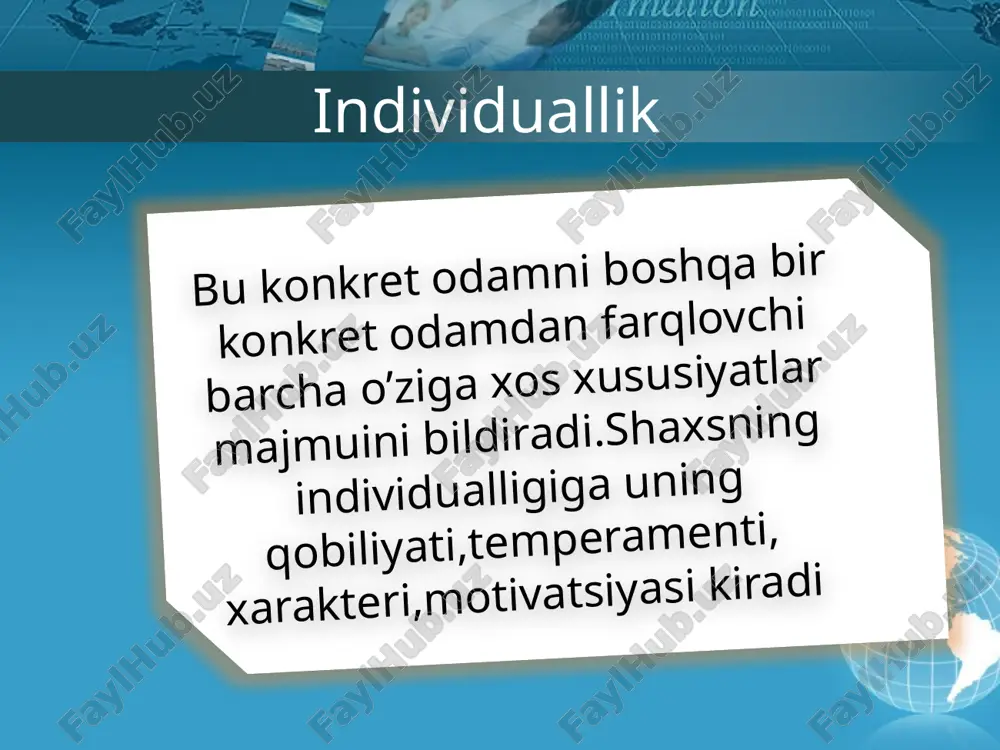 majmuidir akademik i.pavlov temperament xususiyatlarini belgilab beruvchi uch oliy nerv tizimi xossalarini ajratgan: kuch-ya’ni nerv tizimining kuchli qo’zgatuvchilarga bardoshi muvozanatlashganlik-asabdagi tormozlanish va qo’zg’alish jarayonlarining mutanosibligi harakatchanlik-qo’zg’alish va tormozlanish jarayonlarining tez almashuvchanligi nerv sistemasi tiplari muvozanat-lashgan muvozanat-siz inert kuchsiz sangvinik xolerik flegmatik melanxolik x a r a k t e r xarakter shaxsdagi shunday psixologik subyektiv munosabatlar majmuiki ular uning borliqqa odamlarga predmetlar faoliyatigahamda o’z-o’ziga munosabatni ifodalaydi emotsional kognitiv-borliq muhitning turli tomonlarini shaxs qanday emotsional his qilishi va o’zida shu olamning emotsional manzarasini yaratishi moltivatsion irodaviy –ma’lum harakatlar va xulqni amalga oshirishga undovchi kuchlar. v.s.merlin xarakter tarkibidan ajratgan komponentlar xarakterning quyidagi tizimlari mavjud o’z-o’ziga munosabatda namoyon bo’luvchi mehnat faoliyatida namoyon bo’luvchi insonlarga bo’lgan munosabatda namoyon bo’luvchi narsa va hodisalarga munosabatda namoyon bo’luvchi savollaringiz bormi? foydalanilgan adabiyotlar ro’yxati www.google.uz ziyonet.uz www.ref.uz 1. arlayg m. psixologiya moskva 1990y 2. nemov r.s. psixologiya moskva 1998y 3.shoumarov g’.b. psixologiya o’quv qo’llanma toshkent 2000y 18 e’tiboringiz …
