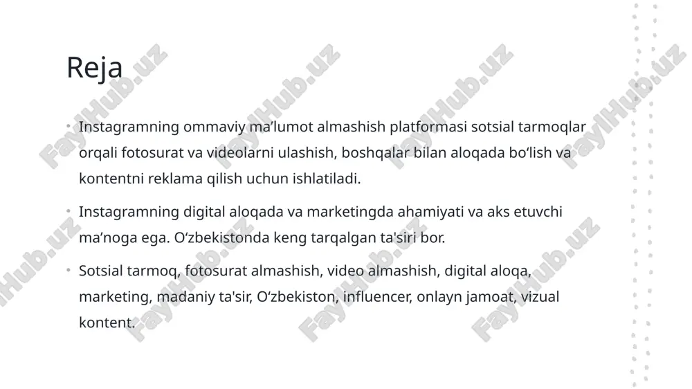 mijozlarga ma'lumot yetkazish. bu, mijozlarni mahsus xizmatlardan xabardor qilish uchun muhimdir. 2 o'zgaruvchilik reklamada o'zgaruvchilik muhimdir - mijozlar xabarlarni o'zgartirish, taqdimotlarni yangilash, va mijozlar bilan bog'lanishni ko'paytirish uchun reklama strategiyalarini o'zgartirish. 3 targ'ibot kontentni reklama qilishda targ'ibotning roli katta - yangi mijozlarni jalb qilish, ularni brandaga tortish va ularni sotib olish uchun reklama vositalaridan foydalanish. 4 kuzatish va natijalarni baholash reklama natijalarini kuzatish va baholash muhimdir - mijozlarning munosabatlarini o'rganish, mijozlar bilan bog'lanish darajasini o'rganish va reklama investitsiyalarining qayd etilishi. sotsial tarmoqning bosqichlarini oshirish: instagram va uning ta'siri 1 sotsial tarmoqning o'sish - instagram, ommaviy aloqada o'sayotgan sotsial tarmoqning bir qismidir va uning ta'siri har kuni ko'proq zarurroq bo'lyapti. 2 instagramning rivojlanishi - instagram o'sayotgan sotsial tarmoqdagi o'rni va o'sishi, ommaviy aloqada uning muhim ahamiyati va etkisi katta. 3 ta'siri va oqimlarni o'zgartirish - instagram, kompaniyalarga yangi bozorlarga kirish uchun zarur strategiyalar yaratishda muhim vosita bo'lib, marketing oqimlarini o'zgartirishda katta …