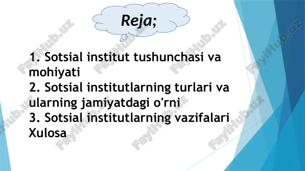him ehtiyojlarini qondiruvchi barqaror ijtimoiy tizimlar bo‘lib, har birining o‘ziga xos maqsad va vazifalari bor. ular insonlarning xulq-atvorini tartibga solib, jamiyat barqarorligini ta’minlaydi. sotsial institutlarning turlari ularning jamiyatda bajaradigan funksiyalari va ehtiyojlariga qarab farqlanadi. sotsial institutlarning asosiy turlari 1. oila instituti-oila insoniyat tarixidagi eng qadimiy sotsial institut bo‘lib, avlodlar davomiyligini taʼminlash va shaxsni ijtimoiylashtirishga xizmat qiladi. 2. taʼlim instituti-bu institut jamiyat aʼzolarini maʼlum bilim va ko‘nikmalar bilan taʼminlashga qaratilgan. 3. iqtisodiy institut-bu institut jamiyatning moddiy ehtiyojlarini qondirish, ishlab chiqarish va resurslarni taqsimlash bilan shug‘ullanadi. 4.huquqiy institut-huquqiy institutlar jamiyatda qonuniy tartibni saqlash va fuqarolar huquqlarini himoya qilishga qaratilgan. sotsial institutlar–bu jamiyatning muayyan ehtiyojlarini qondirish uchun shakllangan, barqaror meʼyorlar va qoidalarga asoslangan tizimlardir. ular jamiyatning turli jabhalarida tartib, barqarorlik va rivojlanishni taʼminlashga xizmat qiladi. sotsial institutlar orqali jamiyat o‘z ehtiyojlarini qondiradi, shaxslarni ijtimoiy hayotga tayyorlaydi va ijtimoiy tartibni saqlaydi. sotsial institutlarning vazifalari 1. ijtimoiy tartibni saqlash: sotsial institutlar jamiyatdagi xatti-harakatlar uchun aniq …