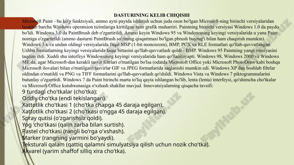 surtish). pastel cho'tkasi (rangli bo'rga o'xshash). marker (rangning yarmini bo'yaydi). teksturali qalam (qattiq qalamni simulyatsiya qilish uchun nozik cho'tka). akvarel (yarim shaffof silliq xira cho'tka). paint dasturi haqida umrida rasm chizmagan kishini uchratish juda mushkul. o’zingiz ham maktabda rasm darsida turli rasmlarni chizgansiz. rasmlar turli usulda ishlangan bo’lishi mumkin. masalan, qalam yoki flomaster yordamida, turli bo’yoqlar va mo’yqalam yordamida rasm chizish mumkin. rasm chizish qanchalik zavqli bo’lmasin, xatolikka yo’l qo’ygan bo’lsangiz uni tuzatish oson kechmaydi. ko’pincha buning iloji ham bo’lmaydi. bu borada kompyuter beqiyos imkoniyatlarga ega. paint dasturi yordamida turli shakllar, ramlar chizish har xil ranglardan foydalanish, so’zlar yozish zarur bo’lsa osonlik bilan xatolarni tahrir qilish mumkin. paintda chizilgan har qanday shakl yoki rasm piksellarning (nuqtalarning) to’plamidan iborat bo’ladi. paint dasturi qanday ishga tushiriladi? paint dasturini ishga tushirishni uch xil usulda amalga oshirish mumkin: • masalalar panelidagi piktogrammasi yordamida; • ish stolidagi yorlig’i yordamida; • quyidagi ketma-ketlikdagi buyruqlarni bajarish orqali …