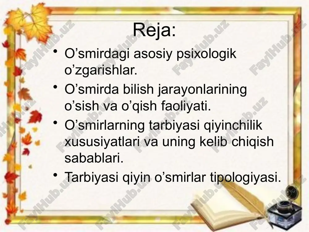 ngi hissiy poziciyani yuzaga keltiradi. u bolalar xulq-atvorini kattalar xulqi va qadriyatlariga qayta orientaciya qila boshlaydi. o’smir o’z huquqlari doirasini kengaytiradi, kattalarni esa cheklashni xohlaydi. bilish jarayonlarining o’sishi. o’smirning qiziqishlari ortadi, bilish faoliyati maktab programmasidan tashqariga chiqadi, mustaqil o’qiy boshlaydi. uning tafakkurida tanqidiylik, mustaqillik hosil bo’ladi. o’qituvchi o’quvchilarga o’quv materiallarini taqqoslashni, mavhumlashtirishni, o’z fikrini to’g’ri, ravon va aniq ifodalash yo’lini tushuntirib berishlari lozim. o’smirlarning o’quv faoliyatida, o’quv materialini o’zlashtirish darajasida, umumiy intellektual rivojlanishida turli darajadagi o’quvchilarni uchratish mumkin. o’quv faoliyatidagi kamchiliklar kichik sinflarda bilinmagan bo’lsa, v-vi sinflarda o’zlashtirishi keskin farqlanadigan bolalar ko’zga tashlanib qoladi. o’smirlarda nazariy, formal va refleksiv tafakkur turlari shakllanadi. xotira, idrok jarayonlari ham intellektualizaciya bo’la boshlaydi, ya`ni o’smir o’quv materiallarini tushinib idrok qilish va eslab qolishni o’rgana boshlaydi. o’smirlarning o’z-o’zini anglashi sifat jihatidan o’zgaradi. o’zi haqida uylash, o’zini boshqalar bilan taqqoslash o’smirning xususiyatidir. o’smir o’z kamchiligi ustida uylaydi, o’zidan qoniqmaslik hissi paydo bo’ladi. ko’pchilik o’smirlar kattalarga o’xshaydigan …