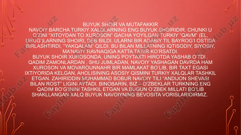 shgan, mavlono lutfiy yosh shoir iste’dodiga yuqori baho bergan, kamol turbatiy e’tirofini qozongan. 1453-yilda alisherning otasi g’iyosiddin muhammad vafot etdi. alisher abulqosim bobur xizmatiga kirdi. avval sabzavorda, so’ng mashhadda yashadi. ikki maktabdosh do’st – husayn va alisher yana birga bo’ldilar. bu yillar ham yosh alisher uchun o’qish va ilm egallash yillari bo’ldi. she’rga mehr alisherni ijodga undadi. u 7 – 8 yoshlarida she’r yoza boshladi.o’zbekch she’rlariga “navoiy”, forscha she’rlariga “foniy” taxallusini qo’ydi. 15 yoshlarida she’rlari bilan zamonasining mashhur shoirlari diqqatini tortdi. 1457- yilda abulqosim bobur mirzo vafot etdi. uning o’rnini abusaid mirzo egalladi. husayn boyqaro taxt uchun kurashga sho’ng’ib ketdi. navoiy esa mashhad madrasalarida o’qishni davom ettirdi. 1464-yilda hitotga qaytib kelgan shoir hayotida noxushliklar boshlandi. abusaid mirzo taxtga da’vogar husayn boyqaroning yaqin kishilarini ta’qib ostiga oladi. alisherning ota mulkini musodira qiladi, tog’alari kobuliy va g’aribiylarni qatl ettiradi. navoiy 60-yillarning ikkinchi yarmida samarqandda yashadi. uning bu yerga kelish sababini turlicha ko’rsatadilar. …