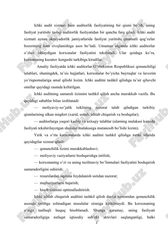 bog’liq bo’ladi. ichki audit boshqaruv tizimini takomillashtirish yo’llarini ko’rsatadi. dunyoda ichki auditga bo’lgan qiziqish bir qator omillar bilan asoslanadi. birinchidan, ichki audit faoliyati bilan bugungi kunda foydalanish imkoniyati belgilangan. shuningdek, etarlicha baholanmagan manbalardan biri hisoblanib, uning to’g’ri ishlatilishi korxona samaradorligini oshirishi mumkin. ikkinchidan, aqsh va g’arbiy evropadagi bir qator yirik korporativ boshqaruvdagi korxonalar tashqi audit faoliyati bo’yicha jiddiy kamchiliklarga ega ekanligi, uning natijasida hatto eng yirik firmalarning ham bankrotlik holatlari kuzatilgan. uchinchidan, kompaniyada yaxshi korporativ boshqaruvning, uning ajralmas bo’g’ini sifatida ichki auditning mavjudligi, investor va kreditor uchun ijobiy belgi bo’lib, kompaniyaning investitsiyasini o’ziga jalb etish imkoniyatini oshiradi. avvalambor, bunga xususiy mulk egalari va menejmentning kompaniyadagi aktivlarining salmoqli ravishda tejalishiga olib keladigan biznes jarayonning tizimini boshqarish va tashkil etishni tartibga solish hoxishi ham kerak bo’ladi. bundan tashqari, ichki auditning mavjudligi xususiy mulk boshqaruvchilari uchun zarurdir. sababi, ular firmadagi ish yurituvidan bevosita uzoqlashadilar, boshqaruv funtsiyalarini professional menejerlar qo’liga berishadi. va oxir oqibat …