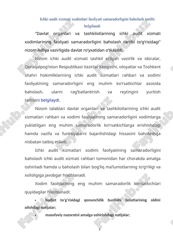 i kamayib borish tartibida joylashtirish asosida shakllantiriladi. auditorlik faoliyati va ichki audit xizmati to’g’risida so’z yuritishdan avval, «audit» so’zining lug’aviy ma’nosini iqtisodiy adabiyotlarda iqtisodchi olimlarning bergan fikr va mulohazalarini keltirib o’tsak. umuman olganda audit atamasi lotin tilidan olingan bo’lib, «eshituvchi», «eshitmoq» degan ma’noni anglatadi. ma’lumki, auditorlik faoliyatini amalga oshirishda auditning maqsadi va vazifalari, majburiyatlari va ob’ektlari xar xil ekanligini inobatga olgan holda, ular tashqi va ichki audit xizmatiga bo’lingan. tashqi va ichki audit xizmati tashkil etilishi uslubiyatiga ko’ra o’xshash bo’lsada, ular o’rtasidagi farq, ularning amalga oshirishning huquqiy, tashkiliy shakllarida namoyon bo’ladi. ammo auditorlar o’z faoliyatida ko’p jihatdan ichki audit natijalariga tayanadi. tashqi audit bilan ichki auditning tavsif jihatdan farqli jihatlarini mazkur jadvalda ko’rishimiz mumkin. ichki audit xizmati ham auditorlik faoliyatining bir qismi bo’lib, uning faoliyat yuritishi tashqi auditorlik faoliyatidan bir qancha farq qiladi. ichki audit xizmati aynan aktsiyadorlik jamiyatlarida faoliyat yuritishi qimmatli qog’ozlar bozorining ham rivojlanishiga asos bo’ladi. umuman olganda …