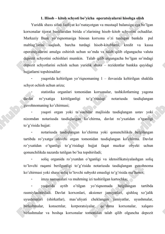 k uyushmalari (shirkatlar), mas’uliyati cheklangan jamiyatlar, uyushmalar, birlashmalar, konsernlar, korporatsiyalar, qo’shma korxonalar, xalqaro birlashmalar va boshqa korxonalar tomonidan talab qilib olguncha depozit schyotlarini ochish uchun zikr qilingan hujjatlarga qo’shimcha qilib bankka yuqorida keltirilgan yo’riqnomaga binoan yana boshqa hujjatlar topshiradilar. barcha hujjatlar topshirilgandan so’ng bank xizmatini ko’rsatish bo’yicha shartnoma imzolanadi va bank boshqaruvchisining buyrug’i bilan korxonaga tegishli hisob–kitob schyoti raqami belgilanadi va bankning buxgalteriya apparati tomonidan pul mablag’lari harakatini hisobga olish uchun shaxsiy schyot ochiladi. boshqa shahar yoki aholi punktlarida joylashgan xo’jalik hisobida bo’lmagan filiallar, magazinlar, ishlab chiqarish birligi va boshqa bo’linmalarga mahalliy bank muassasasida cheklangan operatsiyalarni aks ettirish uchun joriy schyot ochiladi. bu cheklanish asosiy hisob–kitob schyotini idora qiluvchi bosh korxona tomonidan belgilanadi. ochilgan hisob–kitob schyotida bo’sh pul mablag’lari va mahsulot (ish va xizmat) lar sotishdan tushgan pul, bankdan olingan uzoq va qisqa muddatli kreditlar hamda boshqa tushumlar saqlanadi. hisob–kitob schyotidan korxonaning olingan materiallar, asosiy vositalar uchun mol yuboruvchiga to’lanmalari, …