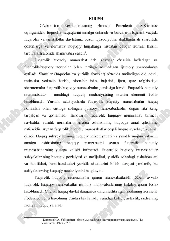 i jamlanib, bu sub'yektlarning huquqiy madaniyatini belgilaydi. fuqarolik huquqiy munosabatlar qonun munosabatlaridir. zotan avvalo fuqarolik huquqiy munosabatlar ijtimoiy munosabatlarning tarkibiy qismi bo'lib hisoblanadi. chunki huquq davlat darajasida umumlashtirilgan irodaning normativ ifodasi bo'lib, u hayotning o'zida shakllanadi, vujudga keladi, aytaylik, sudyaning faoliyati huquq yaratadi. o’zbekiston respublikasida fuqarolik huquqiy munosabatlarning o’ziga xos xususiyatlari. fuqarolik huquqiy munosabat deb, shaxslar o'rtasida bo'ladigan va fuqarolik huquqiy normalar bilan tartibga solinadigan ijtimoiy munosabatga aytiladi. shaxslar (fuqarolar va yuridik shaxslar) o'rtasida tuziladigan oldi-sotdi, mahsulot yetkazib berish, biron-bir ishni bajarish, ijara, qarz to'g'risidagi shartnomalar fuqarolik-huquqiy munosabatlar jumlasiga kiradi. fuqarolik huquqiy munosabat ijtimoiy munosabat sifatida eng avvalo, shaxslar, kishilar o'rtasidagi munosabat bo'lganligi uchun unda qatnashuvchilarning erki- irodasidan vujudga keladi. fuqarolik huquqiy munosabatda ifodalangan shaxslarning erklari, turli-tuman manfaatlari davlatning fuqarolik huquqiy normalarida (qonunlarda) o'z ifodasini topadi. shaxslar (jismoniy va yuridik shaxslar) o'rtasida bo'ladigan fuqarolik huquqiy munosabatlar qonun bilan tartibga solinadigan normal munosabatlar bo'lganligi tufayli ular ixtiyoriy ravishda amalga oshirilishi lozim. …