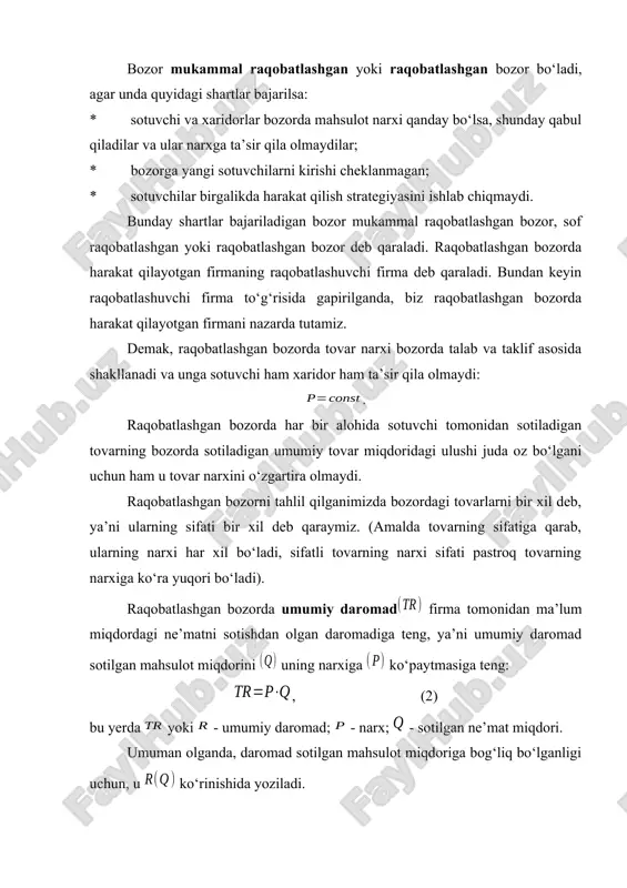 ‘liq bo‘lganligi uchun, u ko‘rinishida yoziladi. o‘rtacha daromad- sotilgan bir birlik mahsulotga to‘g‘ri keladigan daromaddir, ya’ni: . (3) chekli daromad () - bu qo‘shimcha bir birlik ne’matni sotish natijasida umumiy daromadning o‘sgan qismi , ya’ni: . (4) agar absissa o‘qi bo‘yicha mahsulot miqdori ni va ordinat o‘qi bo‘yicha tovar narxini joylashtirsak, ular o‘rtasidagi bog‘liqlik gorizontal o‘qga nisabatan parallel chiziq bilan ifodalanadi va bu chiziq raqobatlashgan bozordagi mahsulotga bo‘lgan talab chizig‘ini beradi p narx d (talab chizig'i) tovar miqdori p0 q 1-rasm. raqobatlashgan bozordagi narx, o‘rtacha va chekli daromad. rasmdan ko‘rinib turibdiki, raqobatlashgan bozordagi talabning narx bo‘yicha elastikligi cheksizdir , ya’ni absolyut elastik. bu degani, raqobatlashgan bozorda biror sotuvchi o‘z tovari narxini kichik miqdorga oshirsa, u o‘zining barcha xaridorlaridan ajraladi, agar narxni kichik miqdorga kamaytirsa, u o‘ziga bozordagi barcha xaridorlarni tortadi. misol. raqobatlashgan bozorda bir xil sifatli apelsin sotilmoqda. sotuvchining umumiy, o‘rtacha va chekli daromadlarini hisoblaymiz. ushbu hisob-kitoblar quyidagi jadvalda keltirilgan. …