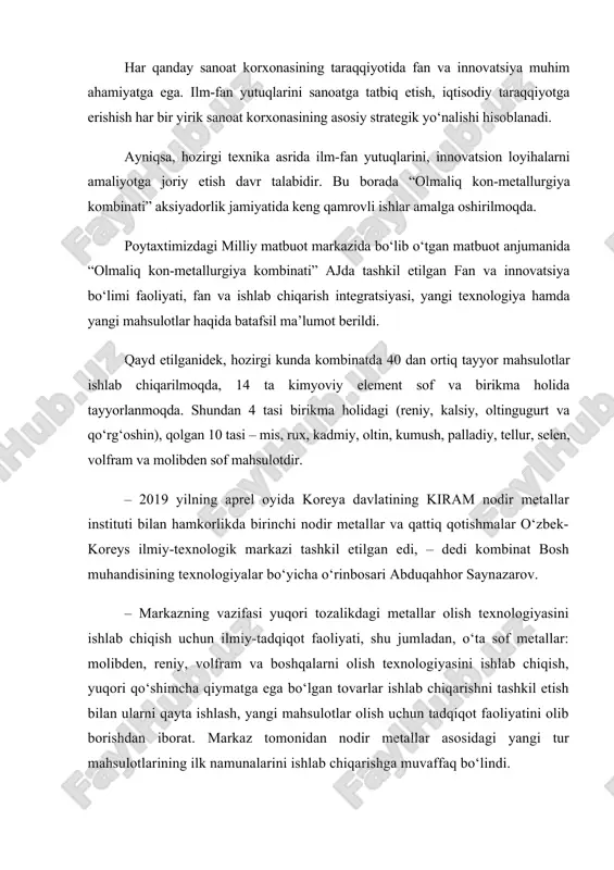 idan nodir metallar asosidagi yangi tur mahsulotlarining ilk namunalarini ishlab chiqarishga muvaffaq bo‘lindi. kombinat ishlab chiqarish zanjirida texnologiyalar samaradorligini yanada oshirish borasida ham salmoqli ishlar amalga oshirilmoqda. xususan, bo‘lim respublika hamda xorijiy ilmiy-tadqiqot institutlari va muassasalari bilan ilmiy-tadqiqot ishlarini olib bormoqda. jumladan, rossiya federatsiyasining toms loyiha instituti bilan oksidlangan mis rudalarini va boyitish fabrikasi chiqindilarini qayta ishlash hamda mahalliy xomashyodan olein kislotasini va flotatsiya paytida ishlatiladigan ko‘pirtirgich – t-92 reaktivini olish borasida bajarilayotgan ilmiy ishlar e’tirofga loyiq. matbuot anjumanida yosh olimlar erishayotgan yutuqlar borasida ham so‘z yuritildi. ularni rag‘batlantirish choralari ko‘rilayotgani, ilmiy-tadqiqot muassasalari bilan keng ko‘lamli hamkorlik o‘rnatilgani qayd etildi. integrativ ta’limning sinflarga bo‘linishi (klassifikatsiya). ko‘p fanlar integratsiyasi. ularni yana universal yoki bir necha asosiy tizim kurslarini almashtiruvchi umumiy deb ham atash mumkin. masalan, o‘qish, tabiat, rasm darslarini bitta umumiy darsga birlashtirish. odatda, bunday kurslarning mualliflari tabiiy fanlar materiallarini birlashtirib, ularni bir ma’lum tizimga keltirishadi va o‘z kurslarini integrativ yoki …