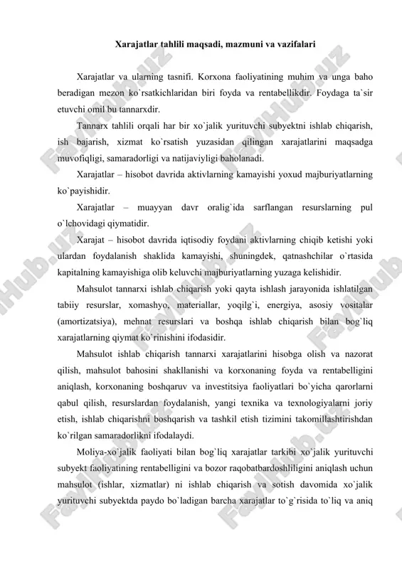 urslardan foydalanish, yangi texnika va texnologiyalarni joriy etish, ishlab chiqarishni boshqarish va tashkil etish tizimini takomillashtirishdan ko`rilgan samaradorlikni ifodalaydi. moliya-xo`jalik faoliyati bilan bog`liq xarajatlar tarkibi xo`jalik yurituvchi subyekt faoliyatining rentabelligini va bozor raqobatbardoshliligini aniqlash uchun mahsulot (ishlar, xizmatlar) ni ishlab chiqarish va sotish davomida xo`jalik yurituvchi subyektda paydo bo`ladigan barcha xarajatlar to`g`risida to`liq va aniq axborot shakllantirilishi, soliq solinadigan bazani to`g`ri aniqlash maqsadida belgilanadi. moliya-xo`jalik faoliyati bilan bog`liq barcha xarajatlar quyidagilarga guruhlanadi: 1. mahsulotning ishlab chiqarish tannarxiga kiritiladigan xarajatlar: a) bevosita va bilvosita moddiy xarajatlar; b) bevosita va bilvosita mehnat xarajatlari; v) boshqa bevosita va bilvosita xarajatlar, shu jumladan ishlab chiqarish xususiyatiga ega bo`lgan ustama xarajatlar. 2. ishlab chiqarish tannarxiga kiritilmaydigan, biroq asosiy faoliyatdan olingan foydada hisobga olinadigan hamda davr xarajatlariga kiritiladigan xarajatlar: a) sotish xarajatlari; b) boshqarish xarajatlari (ma`muriy sarf-xarajatlar); v) boshqa operatsion xarajatlar va zararlar. 3. xo`jalik yurituvchi subyektning umumxo`jalik faoliyatidan olingan foyda yoki zararlarni hisoblab chiqishda hisobga …