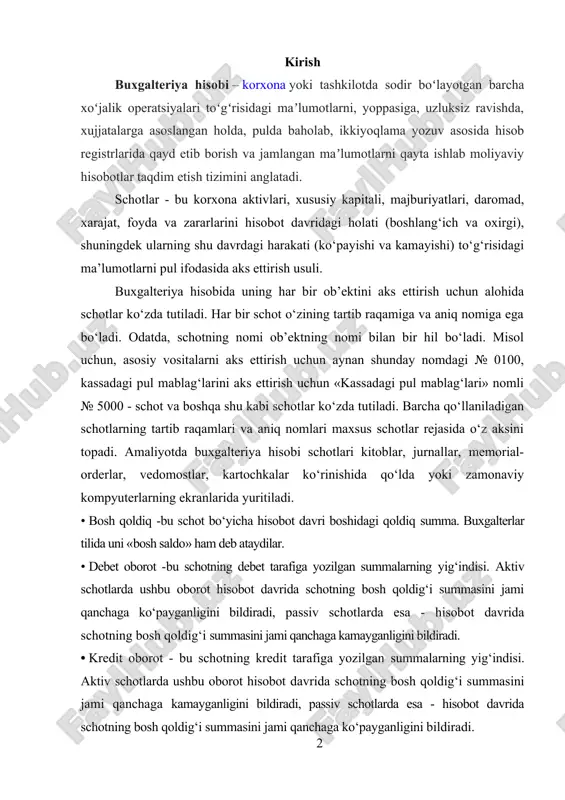 passiv schotlarda esa - hisobot davrida schotning bosh qoldig‘i summasini jami qanchaga kamayganligini bildiradi. · kredit oborot - bu schotning kredit tarafiga yozilgan summalarning yig‘indisi. aktiv schotlarda ushbu oborot hisobot davrida schotning bosh qoldig‘i summasini jami qanchaga kamayganligini bildiradi, passiv schotlarda esa - hisobot davrida schotning bosh qoldig‘i summasini jami qanchaga ko‘payganligini bildiradi. 1-buxgalteriya hisobi haqida tushuncha uning mazmuni va predmeti buxgalteriya hisobi korxona, tashkilot va muassasalarda yuritiladi va ijtimoiy mahsulotni takror ishlab chiqarish hisoblangan ho`jalik faoliyatini kuzatish va boshqarish uchun xizmat kiladi. ijtimoiy mahsulotni takror ishlab chiqarish xamma sohalarni, ya`ni ishlab chiqarish va noishlab chiqarish sohalarini xam uz ichiga oladi. ishlab chiqarish sohasi (moddiy ishlab chiqarish sohasi) ga moddiy boyliklarni ishlab chiqaruvchi (sanoat, kishlok ho`jaligi, ko`rilish va boshqalar) xamda moddiy boyliklarni ishlab chiqaruvchilardan istemolchilarga yetkazib berish bilan band bulgan (savdo va u mumiy ovkatlanish) tarmoklari kiradi. ijtimoiy mahsulotni takror ishlab chiqarish bu yerda korxonaning fondlaridan, ya`ni ishlab chiqarish faoliyati …
