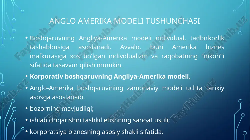 aqi aksiyadorlaining keng vakilligi modelni amalga oshirish qatnashchilari - aksiyadorlar - boshqamvchilar - direktorlar kengashi egalik qilish vanazorat taqsimoti darajasi hajmi aksiyalarga egalik tuzilmasi yakka va institusional investorlarning ustunligi faoliyat monitoringi bozor monitoring moliyalashtirish masofali (xabardor bo ‘lmagan, kuzatilmagan) qimmatli qog‘ozlar bozori orqali anglo-amerika tizimi qo'llanaladigan davlatlar kapitallar xalqaro bozorlarining faol o‘yinchalari bolib sarmoyalari jo‘natilayotgan joylarga o‘zlari uchun qulay va tushunarli bo‘lgan o‘z korporativ modelini eksport qilishga harakat qilishadi. anglo-amerika turdagi korporativ boshqaruvning egiluvchan tizimga ega bo'lmagan evropacha model kredit muassasalari oldidagi qat’iy moliyaviy hisobotlar, davlat aralashuvi hamda kompaniya boshqaruv tuzilmasiga kuzatuvchilarning har xil guruhlarini jalb etish orqali kompaniyalar ustidan nazoratni samarali olib boradi. yevropada sarmoya va tijorat banklarining ajratilishi amalga oshiril- magan, bundan tashqari, aksiyalar paketlarini yig‘ishda cheklanmagan banklar kompaniyalarning amaldagi teng huquqli egalari bo‘lishi mumkin. yevropa kompaniyasi uchun sarmoya kapitallarining an’anaviy bosh manbasi -bank. bu degani fond bozori sarmoya pullarining manbasi rolini to‘liq yoqotgan degani emas, ammo uning …