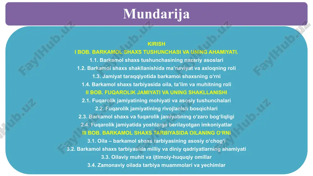 muassasalarining tashkil etilishi ham aynan yosh avlodni barkamol shaxs sifatida tarbiyalashga xizmat qilmoqda mavzuning dolzarbligi jamiyatning taraqqiyoti, barqarorligi va kelajagi bevosita inson omiliga, uning madaniyati, ma’naviyati va intellektual salohiyatiga bog‘liq. zamonaviy dunyoda har bir davlatning rivojlanishi, iqtisodiy-ijtimoiy barqarorligi fuqarolarining tarbiyaviy darajasi bilan chambarchas bog‘liqdir. shu bois, barkamol shaxs tarbiyasi masalasi, ayniqsa, fuqarolik jamiyati qurilishi jarayonida alohida e’tiborga loyiqdir. bitiruv malakaviy ishining vazifasi barkamol shaxs tarbiyasining fuqarolik jamiyatining shakllanishidagi o‘rnini ilmiy jihatdan tahlil qilish va uning ahamiyatini asoslash. bitiruv malakaviy ishining vazifasi 1. barkamol shaxs tushunchasini ilmiy jihatdan tahlil qilish, uning tarixiy va falsafiy asoslarini aniqlash 2. fuqarolik jamiyatining shakllanishi va rivojlanishida barkamol shaxsning roli va ta’sirini o‘rganish. 3. barkamol shaxsni tarbiyalashda oila, ta’lim va jamiyatning o‘rnini tahlil qilish 6. mavjud muammolarni tahlil qilish va barkamol shaxs tarbiyasini rivojlantirish bo‘yicha ilmiy-amaliy tavsiyalar ishlab chiqish 4. zamonaviy texnologiyalar, innovatsion ta’lim tizimlari va axborot maydonining barkamol shaxs tarbiyasiga ta’sirini o‘rganish. 5. o‘zbekistonda fuqarolik …