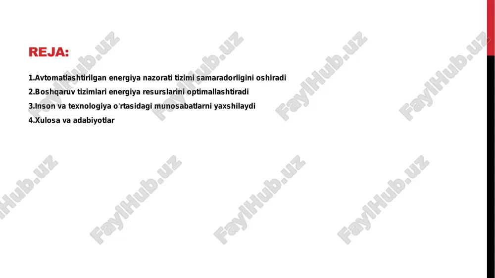 adorligi ortadi. shumarali dasturlar va algoritmlar yordamida foydalanuvchilar energiya sarfini boshqaradi. • kelajak istiqbollari - inson va texnologiya o'rtasidagi yaqinlik energiya masalalarini hal qilishda muhim ahamiyatga ega. ushbu jarayon davom etishi energiya xavfsizligini ta'minlaydi. • asosiy ma'lumot - energiya hisoblash tizimlari zamonaviy texnologiyalar asosida ishlaydi. ular energiya iste'moli va ishlab chiqarilishi haqida aniq ma'lumotlarni taqdim etadi. • foydalanish imkoniyatlari - ushbu tizimlar tashkilotlarga energiya xarajatlarini yaxshilash va resurslarni samarali boshqarish imkonini beradi. energiya hisoblash tizimlari aniq ma'lumotlarni taqdim etadi avtomatlashtirish energiya tejash imkoniyatlarini oshiradi • avtomatlashtirish energiya tejashning muhim vositasi hisoblanadi. u energiya sarfini kamaytirishga yordam beradi. • iqtisodiy samaradorlik - avtomatlashtirish jarayonlari samaradorligini oshiradi. bu energiya sarfini optimallashtirishga qodir. • texnologik ilovalar - qurilmalarni avtomatlashtirish energiyani ishlab chiqarishda va tarqatishda ahamiyatlidir. • avtomatlashtirish energiya tejash uchun imkoniyatlar yaratadi va barqarorlikni ta'minlaydi. • tizim integratsiyasi - tizimlarni integratsiyalash energiya boshqaruvi samaradorligini oshiradi. bu jarayon, turli energiya manbalarini birlashtirish bilan ko'p …