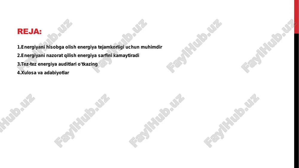 a auditlarini o'tkazishda yordam beradi. ular energiya iste'molining holatini o'rganib, tavsiyalar beradilar • natijalar va takliflar - o'tkazilgan auditoriyalar natijalari asosida energiya xarajatlarini kamaytirish va samaradorlikni oshirish uchun chora-tadbirlar belgilanadi • energiya tejash ahamiyati - energiya tejash texnologiyalari atrof-muhitni muhofaza qilish va chiquvchilarni kamaytirishda muhim rol o'ynaydi. bunday texnologiyalar energiya sarfini qisqartirib, iqtisodiy foyda keltiradi. • o'zgaruvchan energiya manbalari - quyosh va shamol energiyasi kabi yangilanish mumkin bo'lgan energiya manbalari bo'yicha rivojlanish ichki energiya iste'molini kamaytiradi. bu usullar zamonaviy energiya tizimlariga imkoniyatlar taqdim etadi. energiyani tejash texnologiyalarini qo'llang energiyani hisobga olish dasturlarini yarating • energiyani nazorat qilish - energiyani hisobga olish dasturlari energiya sarfini nazorat qilishni ta'minlaydi. bu dasturlar energiya manbalaridan foydalanishni optimallashtirishga yordam beradi. • ma'lumotlarni yig'ish - dasturlar energiya ishlatilishi bo'yicha ma'lumotlarni yig'adi va ularni tahlil qiladi. bu energiya samaradorligini oshirishda muhim rol o'ynaydi. • hisob-kitob usullari - energiyani hisobga olish dasturlarida turli hisob-kitob usullari qo'llaniladi. bu usullar …