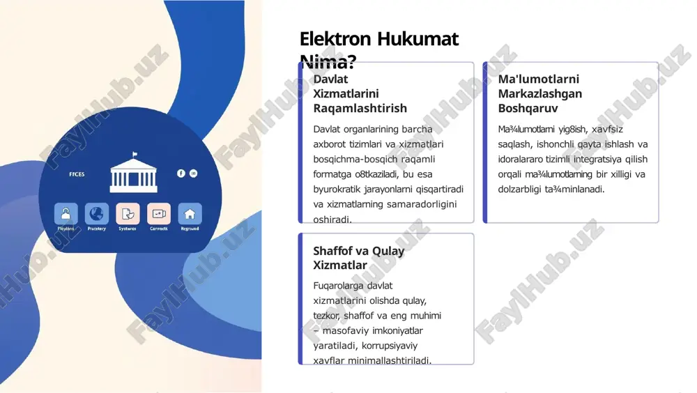 (ieht) ieht elektron hukumatning yuragi hisoblanadi, chunki u turli idoralar o'rtasidagi "gaplashish"ni ta'minlaydi. bu tizim ma'lumot almashinuvini avtomatlashtiradi va barcha jarayonlarning shaffofligini oshiradi. davlat organlari o8rtasida real vaqt rejimida ma¾lumot almashinuvini ta¾minlash. hujjatlarni qog8oz shaklida talab qilishni bartaraf etish, bu esa vaqt va resurslarni tejaydi. elektron hujjat aylanishining huquqiy asoslari o8zbekiston respublikasining tegishli qonunlari va me¾yoriy hujjatlari bilan mustahkamlangan. tizimni muvofiqlashtirish va boshqarish bevosita o8zbekiston respublikasi vazirlar mahkamasi tomonidan amalga oshiriladi, bu esa uning strategik ahamiyatini ko8rsatadi. ieht tizimining muvaffaqiyatli ishlashi fuqarolarga xizmat ko'rsatish sifatini keskin oshirib, har qanday byurokratik to8siqlarni olib tashlashga yordam beradi. yagona interaktiv davlat xizmatlari portali (my.gov.uz) my.gov.uz portali o8zbekiston fuqarolari va tadbirkorlari uchun davlat bilan muloqot qilishning yagona, eng asosiy raqamli nuqtasidir. 641+ xizmatlar soni barcha sohalarni qamrab olgan mavjud elektron xizmatlar shu yerda jamlangan. 24/7 onlayn murojaat fuqarolar kunu tun, istalgan joydan turib davlat idoralariga murojaat qilish va hujjatlarni rasmiylashtirish imkoniyatiga ega. 1 yagona …