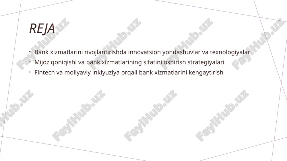 ogiyalar yordamida foydalanuvchi identifikatsiyasini aniqlash va shubhali faoliyatlarni avtomatik ravishda aniqlash xavfsizlikni oshiradi. zamonaviy tizimlar yordamida banklar real vaqtda faoliyatlarni kuzatib boradi, xavf-xatarlarni erta aniqlash va tezkor javob qaytarishni ta'minlaydi. mijozlar ehtiyojlariga moslashtirilgan bank xizmatlari ishlab chiqish strategiyalari 1 mijozlar ehtiyojlarini tahlil qilish mijozlarning ehtiyojlarini aniqlash uchun so'rovnomalar, intervyular va ma'lumotlar tahlili amalga oshiriladi. bu jarayon bank xizmatlarini moslashtirishda asosiy qadamdir. 2 individual yondashuvlar har bir mijozning moliyaviy holati va ehtiyojlariga moslashtirilgan xizmatlar ishlab chiqiladi. bu, mijozlar qoniqishini oshirish va sodiqlikni mustahkamlash uchun muhimdir. 3 texnologik innovatsiyalar raqamli platformalar va mobil ilovalar yordamida mijozlarga qulay, tez va xavfsiz xizmatlar taqdim etiladi. bu esa, banklarning raqobatbardoshligini oshiradi. xizmat sifatini oshirish uchun zamonaviy texnologiyalar va metodlar 1 innovatsion texnologiyalar - zamonaviy bank texnologiyalari, masalan, sun’iy intellekt va blokcheyn, xizmatlarni tezlashtiradi, xavfsizligini oshiradi va mijozlar ehtiyojlariga moslashishga yordam beradi. 2 mobil bank va onlayn platformalar - mijozlar uchun qulay va 24/7 mavjud bo‘lgan …