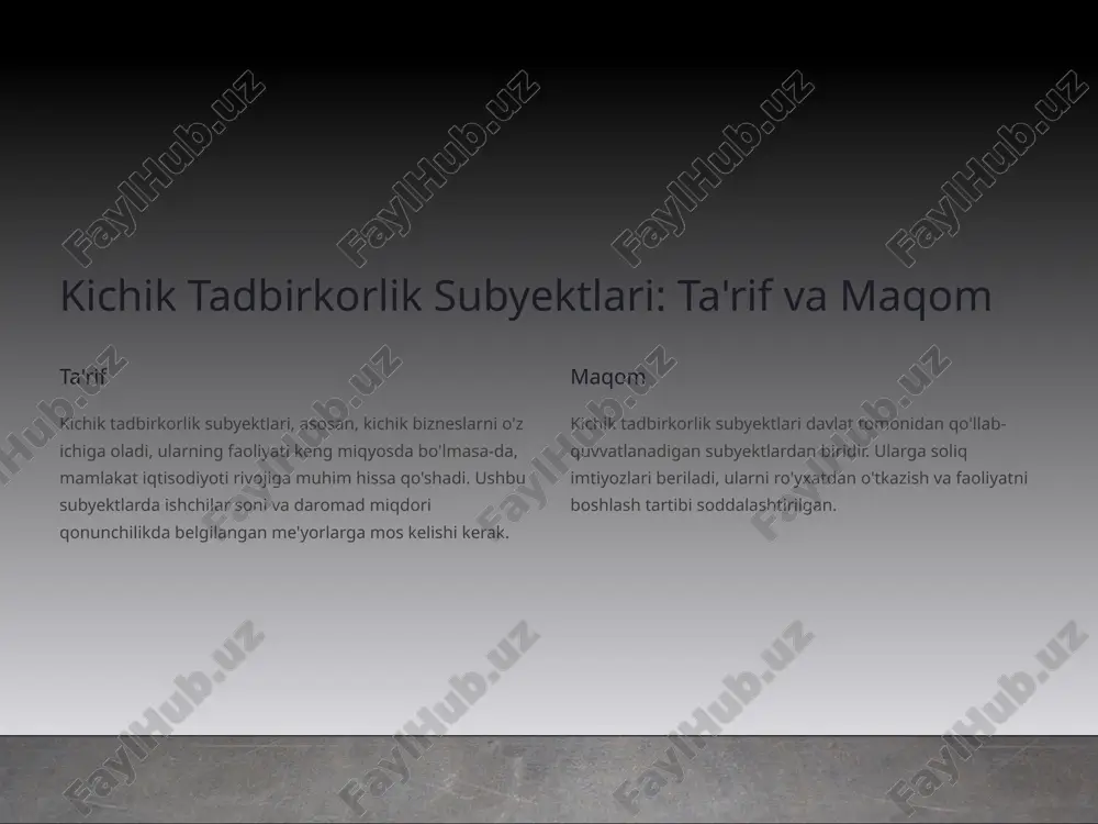 lar va xizmatlarni taqdim etishda o'ziga xos qobiliyatga ega. mijozga yo'naltirilganlik kichik tadbirkorlik subyektlari mijozlar bilan shaxsiy aloqalarni qurishga e'tibor qaratadi. mijozlar ehtiyojlarini chuqur tushunish ularning raqobatbardoshligini oshiradi. 4 tashkiliy-huquqiy shakllar yakka tartibdagi tadbirkor bu tashkiliy-huquqiy shakl yagona shaxs tomonidan tashkil etiladi va u o'z shaxsiy mulki bilan javobgar bo'ladi. sheriklik sheriklik, ikki yoki undan ko'p shaxslar tomonidan birgalikda tashkil etiladi. ular o'z hissalari bo'yicha javobgar bo'ladilar. cheklangan javobgarlik jamiyati bu shakl tadbirkorlik faoliyatini bajarish uchun mo'ljallangan. jamiyatning javobgarligi tadbirkorlik faoliyatini amalga oshirish uchun ajratilgan mulk bilan cheklanadi. 5 moliyaviy, soliq va buxgalteriya hisobi 1 moliyaviy rejalashtirish kichik tadbirkorlik subyektlari uchun moliyaviy rejalashtirish juda muhim. bu kelajakdagi xarajatlarni nazorat qilish, daromadlarni bashorat qilish va biznesni rivojlantirish uchun investitsiyalarni jalb qilish imkonini beradi. 2 soliq hisobi kichik tadbirkorlik subyektlarining soliq majburiyatlari qonunchilikda belgilangan qoidalarga muvofiq amalga oshiriladi. ularga soliq imtiyozlari ham berilishi mumkin. 3 buxgalteriya hisobi buxgalteriya hisobi biznesning moliyaviy holatini …