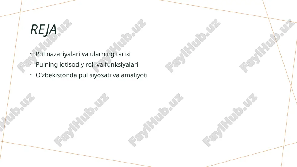 a pul nazariyalarining o'rni va ahamiyati. 01 pul nazariyalarining ahamiyati o'zbekistonda pul nazariyalari iqtisodiy barqarorlik va rivojlanishga ta'sir etadi, shuningdek, moliyaviy tizimni mustahkamlashga yordam beradi. 02 o'zbekistonning iqtisodiy sharoiti o'zbekistonda pul nazariyalari iqtisodiy sharoitga mos kelishi kerak, bu esa inflatsiya va valyuta kursini nazorat qilishda muhim ahamiyatga ega. 03 ijtimoiy-iqtisodiy ta'sir pul nazariyalari o'zbekistonda ijtimoiy-iqtisodiy rivojlanishga yordam beradi, aholining farovonligini oshirish va iqtisodiy barqarorlikni ta'minlaydi. pulning iqtisodiy roli: asosiy tushunchalar va nazariyalar. pulning vazifalari pul, almashuv vositasi sifatida, iqtisodiy faoliyatni osonlashtiradi, narxlarni belgilaydi va iqtisodiy resurslarni taqsimlaydi. qiymat saqlash pul, qiymat saqlash vositasi sifatida, iqtisodiy subyektlarga kelajakda xaridlar uchun mablag'larni yig'ish imkonini beradi. hisob-kitob mexanizmi pul, hisob-kitob va moliyaviy operatsiyalarni osonlashtiradi, shuningdek, iqtisodiy faoliyatni tartibga solish uchun zaruriy mexanizmlarni taqdim etadi. iqtisodiy barqarorlik pulning muvozanatda bo'lishi, iqtisodiy barqarorlik va o'sishni ta'minlashda muhim rol o'ynaydi, inflyatsiya va deflyatsiyani nazorat qilishga yordam beradi. pulning funksiyalari: almashuv, qiymat saqlash va hisob-kitob. 01 almashuv …