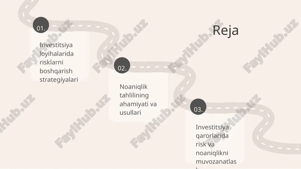 olzarb ahamiyatga ega. texnologiya, sun'iy intellekt va katta ma'lumotlar risklarni aniqlash va baholash jarayonlarini soddalashtiradi. kelajakda risklarni boshqarish innovatsion yondashuvlar va zamonaviy texnologiyalar orqali yanada aniqroq boshqariladi. noaniqlik tahlilining mohiyati - noaniqlik tushunchasi: investitsiya loyihalarida noaniqlik, kelajakdagi natijalarning aniq bo'lmasligi. - tahlil maqsadlari: 1) risklarni aniqlash; 2) investitsiya samaradorligini baholash; 3) qaror qabul qilishda yordam berish. - afzalliklari: 1) o'zgarishlarga moslashish imkoniyati; 2) resurslarni samarali taqsimlash; 3) uzluksiz monitoring. - cheklovlari: 1) ma'lumotlar to'plami cheklovlari; 2) tahlil murakkabligi; 3) noaniqlikni to'liq bartaraf etish imkoni yo'qligi. noaniqlik tahlilining asosiy usullari ssenariy tahlili ssenariy tahlili investitsiya loyihalarida turli ssenariylarni ko'rib chiqish jarayonidir. bu usul orqali har xil bo'lishi mumkin bo'lgan shartlar va ularning natijalari tahlil qilinadi, bu esa loyihaning kelajagi haqida yaxshiroq tushuncha beradi. monte-karlo simulyatsiyasi monte-karlo simulyatsiyasi ehtimollik taqsimotlarini qo'llash orqali noaniqliklarni baholashda ishlatiladi. ushbu usul, tasodifiy raqamlar yordamida ko'plab simulyatsiyalar o'tkazish orqali investitsiya loyihalaridagi risklarni aniqlash imkonini beradi. sezgirlik tahlili …