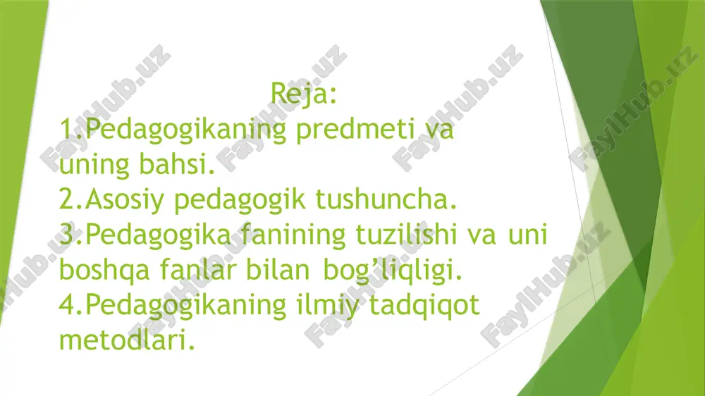 ilgan jarayon. bilim – shaxsning ongida tushunchalar, sxemalar, ma’lum obrazlar ko‘rinishida aks etuvchi borliq haqidagi tizimlashtirilgan ilmiy ma’lumotlar majmui. ko‘nikma – shaxsning muayyan faoliyatni tashkil eta olish qobiliyati. malaka –muayyan harakat yoki faoliyatni bajarishning avtomatlashtirilgan shakli. tibbiy fanlar estetika tarix psixologiya madaniyatshu- noslik ma'naviyat asoslari fiziologiya gigiena pedagogika iqtisodiyot nazariyasi sotsiologiya etika (axloqshunoslik) falsafa pedagogika fanlari tizimi. umumiy pedagogika maktabgacha ta’lim pedagogikasi boshlang‘ich ta’lim pedagogikasi korreksion (maxsus) pedagogika surdopedagogika metodika oligofrenopedagogika pedagogika tarixi tiflopedagogika pedagogik texnologiya logopediya pedagogik mahorat ta’limni boshqarish ijtimoiy pedagogika pedagogik ilmiy-tadqiqot metodlari. pedagogik kuzatish metodi. suhbat metodi. anketa metodi. intervyu metodi. ta’lim muassasasi hujjatlarini tahlil qilish metodi. test metodi. pedagogik tahlil metodi. bolalar ijodini o‘rganish metodi. pedagogik tajriba metodi. matematik-statistik metod. kuzatish metodi pedagogikaning kuzatish metodi ta’lim-tarbiya jarayonlarining amaldagi holati bilan tanishtiradi, ularning oqibat natijalarini bilishga yordam beradi va shu asnoda yaratilgan yangi kashfiyotlar uchun dalillar, omillar yig‘ish imkonini tug‘diradi. bu metodni qo‘llanish jarayoni ancha murakkab …