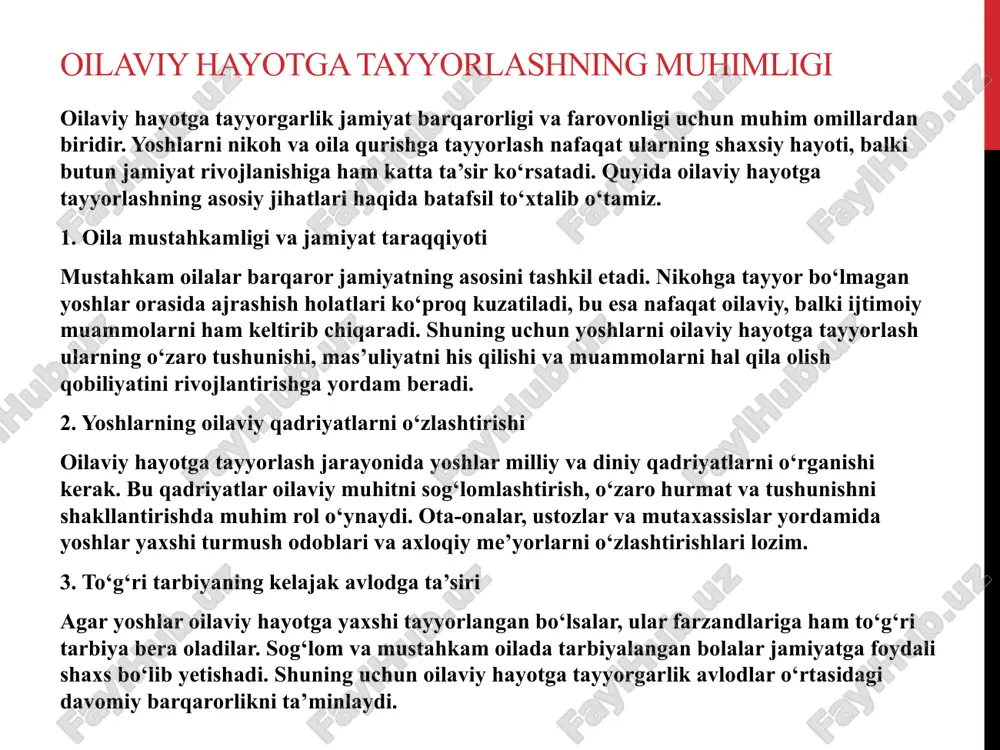 ini tushuntirish va yoshlarga to‘g‘ri yo‘nalish berish muhim hisoblanadi. 5. oilaviy muammolarni hal qilish ko‘nikmalarini shakllantirish oilaviy hayotda kelishmovchiliklar va qiyinchiliklar tabiiy jarayon hisoblanadi. biroq, muammolarni to‘g‘ri hal qilish ko‘nikmasi bo‘lmagan yoshlar oilaviy hayotda qiyin vaziyatlarga tushib qolishadi. shuning uchun oilaviy hayotga tayyorgarlik jarayonida yoshlarni muammolarni tahlil qilish, o‘zaro murosaga kelish va stressni boshqarish bo‘yicha o‘rgatish lozim. oilaviy hayotga tayyorlash – bu yoshlarga o‘z hayotlarida to‘g‘ri qarorlar qabul qilish, oilaviy qadriyatlarni hurmat qilish va mustahkam oilani shakllantirishga yordam beradigan jarayondir. oila jamiyatning eng muhim bo‘g‘ini bo‘lgani sababli, uni mustahkamlash va unga jiddiy tayyorlanish har bir inson uchun muhimdir oila qadriyatlari va an’analarini o‘rgatish oila qadriyatlari va an’analarini o‘rgatish har bir jamiyatning mustahkam poydevori uning oilaviy qadriyatlari va an’analaridir. yoshlarni oilaviy hayotga tayyorlashda milliy va diniy qadriyatlarni singdirish, oilada mehr-oqibat va mas’uliyatni o‘rgatish muhim ahamiyatga ega. quyida oilaviy qadriyatlar va an’analarni yosh avlodga o‘rgatishning asosiy jihatlari haqida batafsil to‘xtalamiz. 1. milliy …