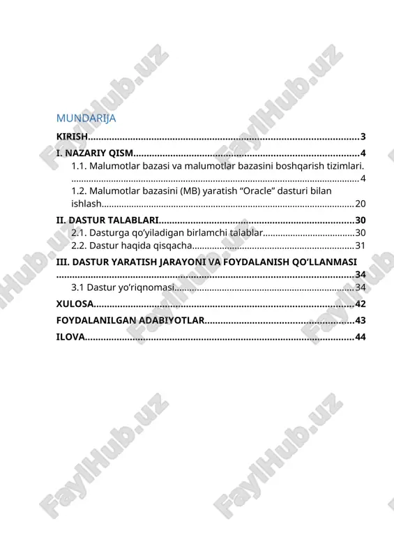 atnli axborotlarga avtomatlashtirilgan tarzda ishlov berish vositalaridan foydalanishga asoslangan axborot tizimi eng samarali hisoblanmoqda. korxona va tashkilot faoliyati mobaynida ko‘p hajmdagi axborotlarni to‘playdi, ularni tezda qidirib topish esa ushbu axborot samarali joylashtirilgan va saqlangan taqdirda mumkin bo‘ladi. ma'lumotlar bazasi tashkilotning ishlab chiqarish-sotish bo‘linmalarining xo‘jalik faoliyatini tavsiflovchi statistik ko‘rsatkichlar majmuini, shuningdek, firma rivojlanishining holati va tendensiyalariga ta'sir ko‘rsatuvchi barcha omillarga nisbatan materiallarni o‘z ichiga oladi. ma'lumotlar bazasi uchun statistik ko‘rsatkichlar to‘plami puxta ishlab chiqiladi va firmaning faoliyat ko‘rsatishi natijalari va istiqbollarini chuqur iqtisodiy tahlil qilish uchun zarur bo‘lgan ko‘rsatkichlarni qamrab oladi. odatda ma'lumotlar bazasini shakllantirishda ma'lumotlarni saqlash va yangilash tizimi to‘g‘risidagi masala ham hal etiladi. i. nazariy qism 1.1. malumotlar bazasi va malumotlar bazasini boshqarish tizimlari. insonning kundalik mehnat faoliyati tashqi muhit to`g`risidagi axborotlarni qabul qilish va to`plash, turli masalalarni echish uchun zarur bo`lgan ma'lumotlarni aniqlash, qayta ishlash kabi amallarni bajarish bilan bog`liq bo`ladi. shu sababli, ham yuqoridagi amallar majmuasi, ularni …
