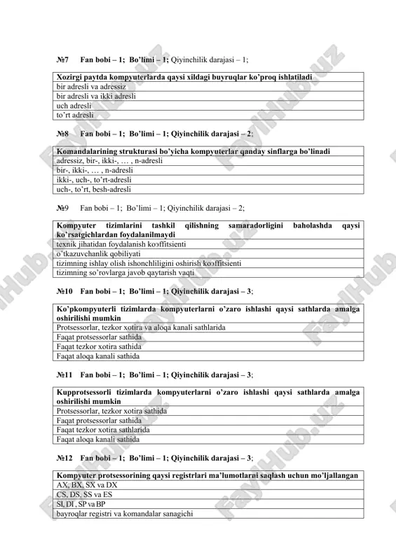 shkil qilishning samaradorligini baholashda qaysi ko’rsatgichlardan foydalanilmaydi texnik jihatidan foydalanish koeffitsienti o’tkazuvchanlik qobiliyati tizimning ishlay olish ishonchliligini oshirish koeffitsienti tizimning so’rovlarga javob qaytarish vaqti №10 fan bobi – 1; bo’limi – 1; qiyinchilik darajasi – 3; ko’pkompyuterli tizimlarda kompyuterlarni o’zaro ishlashi qaysi sathlarda amalga oshirilishi mumkin protsessorlar, tezkor xotira va aloqa kanali sathlarida faqat protsessorlar sathida faqat tezkor xotira sathida faqat aloqa kanali sathida №11 fan bobi – 1; bo’limi – 1; qiyinchilik darajasi – 3; kupprotsessorli tizimlarda kompyuterlarni o’zaro ishlashi qaysi sathlarda amalga oshirilishi mumkin protsessorlar, tezkor xotira sathida faqat protsessorlar sathida faqat tezkor xotira sathlarida faqat aloqa kanali sathida №12 fan bobi – 1; bo’limi – 1; qiyinchilik darajasi – 3; kompyuter protses​sorining qaysi re​gistrlari ma’lumotlarni saqlash uchun mo’ljallangan ax, bx, sx va dx cs, ds, ss va es si, di , sp va bp bayroqlar registri va komandalar sanagichi №13 fan bobi – 1; bo’limi – 1; …