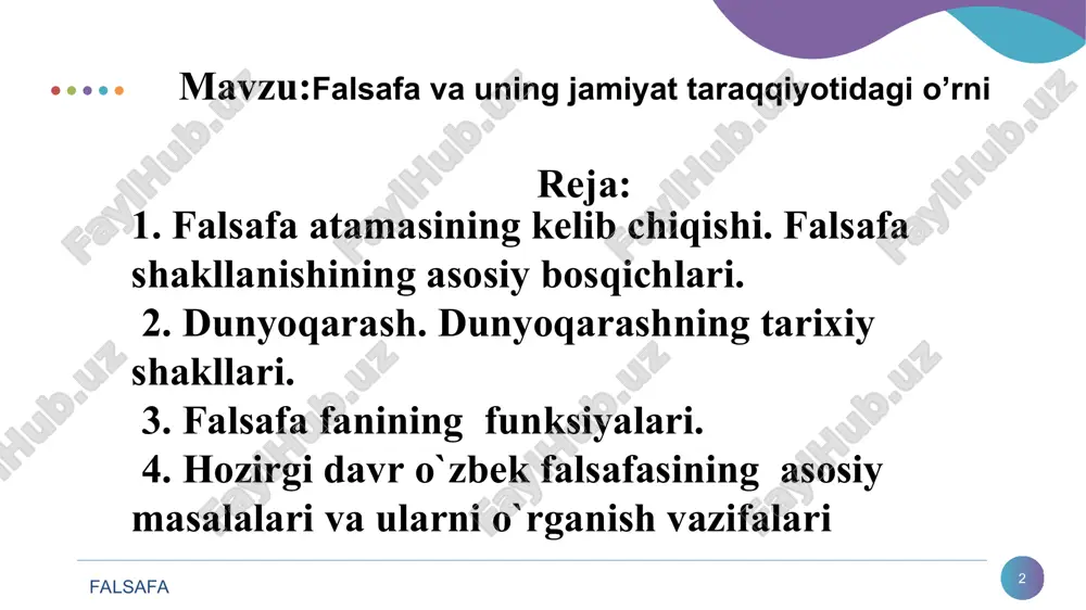 i) etika (axloq haqidagi bilimlar tizimi) estetika (go‘zallik va nafosat haqidagi bilimlar tizimi) falsafa 2. dunyoqarash. dunyoqarashning tarixiy shakllari. * falsafa dunyoqarash tushunchasi - * kishilarning olam va uning rivojlanishi haqidagi ilmiy, falsafiy, siyosiy, huquqiy, axloqiy, estetik, diniy qarashlar tizimidir. falsafa dunyoqarash tarkibi: * orzu-umid bilim ishonch-e’tiqod falsafa * falsafa dunyoqarashning tarixiy shakllari. * mifologik dunyoqarash. diniy dunyoqarash. falsafiy dunyoqarash. falsafa mifologik dunyoqarash - * mifologiya (yunoncha – “mifos” – naql, rivoyat, “logos” - tushuncha ta’limot). mifologik dunyoqarash - ijtimoiy taraqqiyotning eng boshlang‘ich davriga xos bo‘lgan, qadimgi zamon kishilarining og‘zaki ijodi - naql va afsonalarida o‘zlariga munosib hayot sharoitlarini yaratish ehtiyojlaridan kelib chiqqan. * mifologiya dunyoqarash shakli mif – bu turli xalqlarning dunyoning kelib chiqishi, tabiat hodisalari, fantastik mavjudotlar, xudolar va qahramonlarning ishlari haqidagi tasavvurini ifodalovchi muayyan tarzda tizimga solingan dunyoqarashdir miflar javob bermokchi bo‘lgan asosiy savollar olamning, yerning va insonning paydo bo‘lishi; • tabiat xodisalarini tushuntirish; • insonning hayoti, …