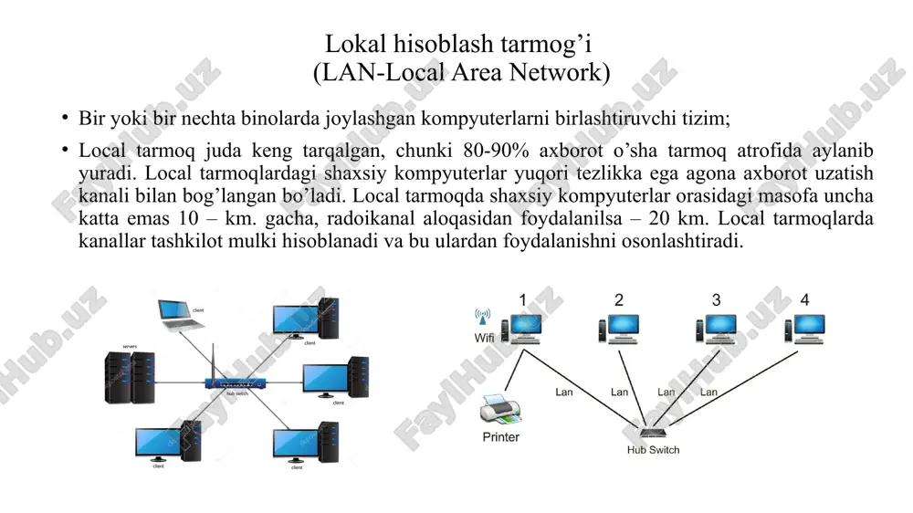 rini birlashtiradi; internet – axborotlarni qidirish, saqlash va uzatish uchun ajoyib tarmoqdir. global tarmoq internet internet tarixi internet unga ulangan tarmoqqa kiruvchi kompyuterlarning o’zaro ma’lumotlar almashish imkoniyatini yaratib beradi. internet davlat buyurtmalarini bajarishda tashkilotlarning birgalikda olib boriladigan faoliyatlarini yengillashtirish maqsadida o’tgan asrning 60-yillari oxirida (yanada aniqroq aytadigan bo’lsak, 1969 yil) aqsh mudofaa vazirligining loyihasi asosida yuzaga kelgan. bu boshlang’ich tarmoq arpanet bo’lib, avvalo kaliforniya va yuta shtatlaridagi 4 ta kompyuterni o’zaro bog’lagan. 1972-yilda arpanet tajriba tarmog’i namoyish etiladi. u 40 ta kompyuterdan iborat bo’lib, barcha kompyuterlar teng huquqli bo’lishga va resurslarga faqat murojaat qilishga mo’ljallangan dasturiy ta’minot yordamidagina kirish mumkin bo’lgan. keyinchalik bu tarmoq kengayib 80-yillar oxirida (1987-yil nsfnet (national science foundation (nfs) – milliy ilmiy fond)) aqsh milliy ilmiy jamiyatning ixtiyoriga topshirildi va nsfnet shaklida rivoj topdi. bu davrda boshqa davlatlarda ham milliy tarmoqlar shakllana bordi. asta-sekin turli davlatlarning kompyuter tarmoqlari birlasha bordi va 90-yillarga kelib hozirgi internet tarmog’i …