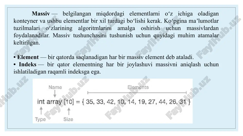 sga ega) yoki sakkizlik (asosi 8-prefiksli) sanoq sistemalar ko‘rsatiladi. – siljuvchi vergulli (float) sonlar – sonning kompyuterda amalga oshiriladigan eksponentsiol yozuvi. xuddi shuningdek, “ikkilangan aniqlikga” ega bo‘lgan son ham mavjud. – satr (string) – simvollar ketma – ketligidan iborat bo‘lib, unda har bir simvol bir bayt o‘lchamdan, toki maksimal uzunlik 216 gacha bo‘lgan joyni egallaydi. yakka qavslarga olingan satrlar literallar sifatida qaraladi, ayni paytda ikkilangan qavslar ichidagi satrlar esa (maxsus belgilar, o‘zgaruvchilarning qiymatlari va shu kabilar) sifatida talqin qilinadi. – bul (boolean) tipi - mantiqiy ifoda bo‘lib, uning qiymati faqat rost (true) yoki yolg‘on (false) dan iborat. – kompleks (complex) tipi – sonning birinchi argument sifatida haqiqiy qism, ikkinchi argument sifatida mavhum qism uzatiladi. – massiv (array) – bir nechta qiymatlarning tartiblashtirilgan xaritasi bo‘lib, undagi kalitlar qiymatlarga mos keladi. kalitlar – bu indeks nomerlari (ular so‘zsiz tushuniladi) yoki aniq ko‘rsatilgan nishonlar. misol – ob’ekt – bu berilganlarning xossalarini saqlovchi va …