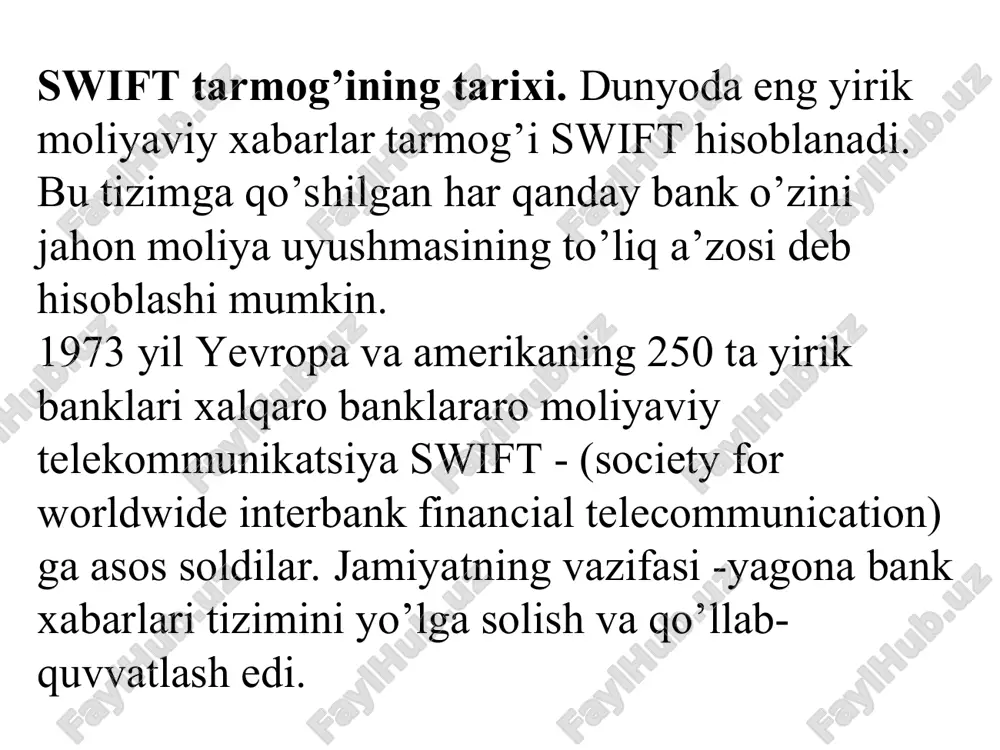 lanadi. 80-yillardan boshlab swift tizimida ma’lumotlar va manzillar standart formatlari tashkil qilina boshlandi. swift orqali kompyuterlar bank va moliya xabarlarini 7 ta kategoriyaga bo’lib ko’rsatadi. ular esa o’zida 70 xil turdagi ma’lumotlarni jamlagan. foydalanuvchining imtiyozini farqlash vositasi axborot xavsizligini ta’minlash bo’yicha qo’shimcha chora hisoblanadi. bundan tashqari tizimda tez-tez to’xtab qolishdan himoyalash uchun axborotlarni zaxira nusxalab qo’yish hisobga olingan. swift tizimining barcha imkoniyatlaridan foydalanish uchun maxsus dasturiy-apparatli interfeys mavjud. bugungi kunda swift tizimi bank operatsiyalari, valyuta va pul bozori, qimmatbaho qog’ozlar savdosi, savdo operatsiyalariga xizmat ko’rsatish, xalqaro to’lovlarni amalga oshirish kabi muhim moliyaviy faoliyat sohalarida ma’lumotlar bilan tezkor almashuvni ta’minlaydi. vosita va xizmat haqi yuqori bo’lishiga qaramasdan swift tarmog’i abonentlari soni ko’payib bormoqda. bu hol swift jamiyatiga kelgusida moliya faoliyatining boshqa sohalarini qamrab olgan holda tarmoqni yanada kengaytirish imkonini beradi. swift tarmog’ining afzalligi va kamchiliklari. 1) tarmoq axborotlarni uzatishda fizik-texnikaviy, tashkiliy usullar orqali to’liq xavfsizlikni ta’minlaydi. 2) axborotlarning uzatishning ishonchliligi mavjud. …