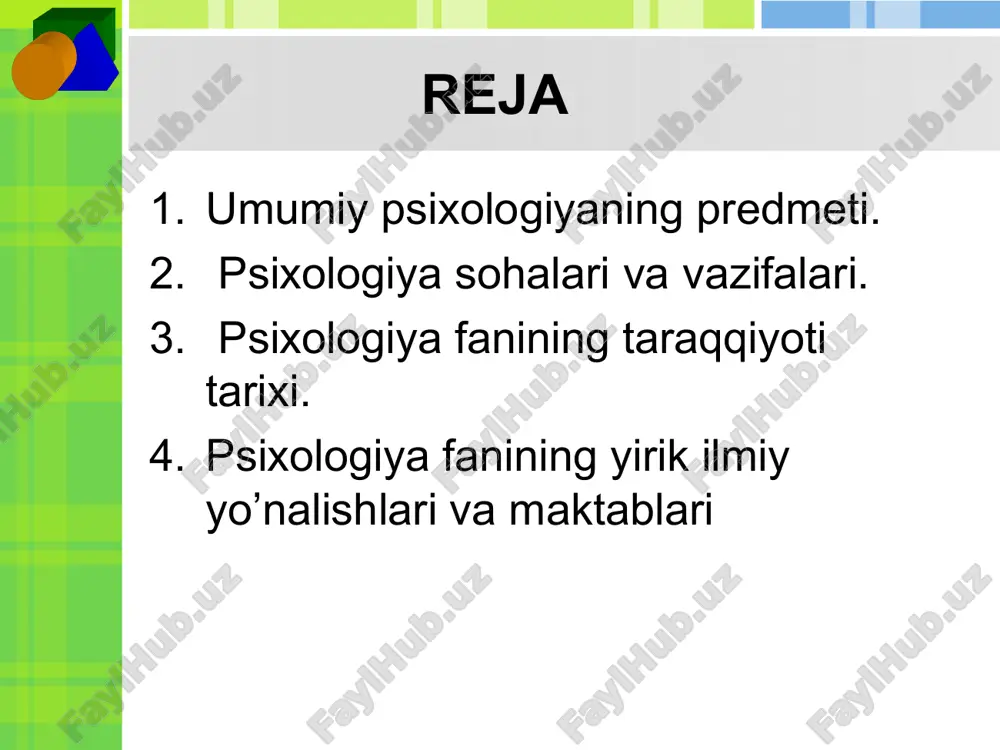 likning aloxida soxasi bo’lgan psixik (yoki ruxiy) xayot soxasini o’rganadi. har kimga ma’lum xodisalar sezgilarimiz ,idrok tassavurlarimiz, fikr, xis intilishlarimiz va shunga o’xshashlar psixika xodisalari jumlasidandir. shaxsning psixik va individual xususiyatlari deb ataladigan xususiyatlari; odamning temperamenti (mijoz), harakteri (fe`l atvori), qobiliyati, extiyoji, mayl va xavaslari xam psixika soxasiga kiradi. psixik (ruxiy) xodisalarning butun majmui odatda psixika degan so’z bilan ataladi. konfutsiy konfutsiy birinchidan bulib irsiy va xayotda orttirilgan narsalar masalasini kutarib chikdi. uning fikricha odam uz tabiatiga kura mexribon mavjudot, uni tashki muxit buzadi. uning zararli ta'sirini engish uchun inson etuklikka erishish kerak. psixologiyaning 300dan ortik tarmoqlari fan sifatida rivojlanayotganligi hozirgi kunda psixologiyaning fanlar tizimida yanada mustahkamlanayotganligidan dalolat beradi: - umumiy psixologiya - psixologiyaning barcha masalalarining o'ziga xos jihatlarini o'rganadigan maxsus sohasi; - pedagogik psixologiya - kishiga ta'lim va tarbiya berishni psixologik qonuniyatlarini o'rganishni o'z predmeti deb biladi; savdo psixologiyasi harbiy psixologiya yuridik psixologiya mehnat psixologiyasi umumiy psixologiya pedagogik psixologiya …