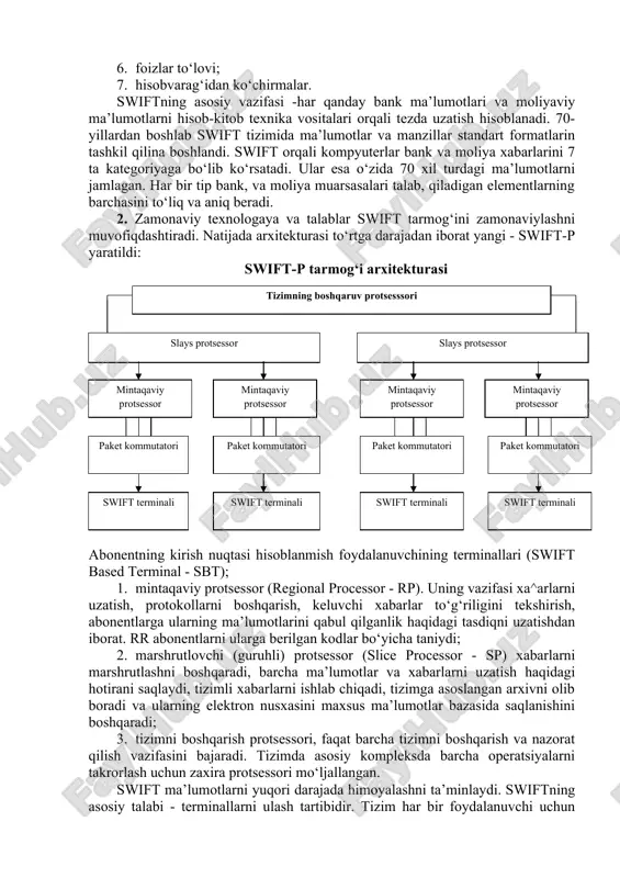 n shug‘ullansin va xalqaro telegrafik moliyaviy ma’lumotlar almashinishida ishtirok etishi kerak. swift tashkiloti rasman belgiyaning kooperativ jamiyati bo‘lib, bryusselda ro‘yxatga olingan. swift tizimi quyidagi turdagi operatsiyalarni bajaradi: 1. mijoz to‘lovlari; 2. bank to‘lovlari; 3. hisobvaraqa bo‘yicha tasdiqnomalar (debet, kredit); 4. valyuta-konversion operatsiyalar; 5. debet kredit operatsiyalar; 6. foizlar to‘lovi; 7. hisobvarag‘idan ko‘chirmalar. swiftning asosiy vazifasi -har qanday bank ma’lumotlari va moliyaviy ma’lumotlarni hisob-kitob texnika vositalari orqali tezda uzatish hisoblanadi. 70-yillardan boshlab swift tizimida ma’lumotlar va manzillar standart formatlarin tashkil qilina boshlandi. swift orqali kompyuterlar bank va moliya xabarlarini 7 ta kategoriyaga bo‘lib ko‘rsatadi. ular esa o‘zida 70 xil turdagi ma’lumotlarni jamlagan. har bir tip bank, va moliya muarsasalari talab, qiladigan elementlarning barchasini to‘liq va aniq beradi. 2. zamonaviy texnologaya va talablar swift tarmog‘ini zamonaviylashni muvofiqdashtiradi. natijada arxitekturasi to‘rtga darajadan iborat yangi - swift-p yaratildi: swift-p tarmog‘i arxitekturasi tizimning boshqaruv protsesssori slays protsessor slays protsessor mintaqaviy protsessor mintaqaviy protsessor mintaqaviy protsessor …