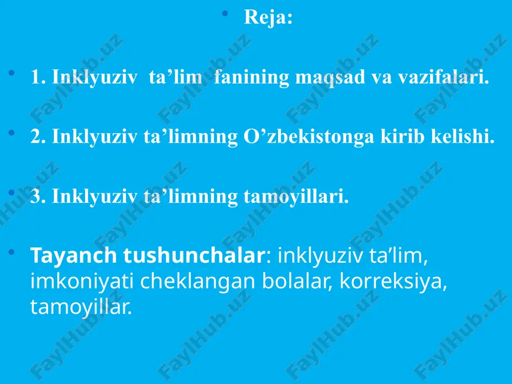 ularning imkoniyatiga yo‘naltirilgan umumta’lim dasturlari va korreksion ishlarni amalga oshirish orqali ruhiy rivojlanishi, ijtimoiy moslashtirishni amalga oshirish; - o‘quvchilarning ta’limdagi tenglik xuquqini kafolatlash; - jamiyatning va oilaning faol ishtirokida nogiron va sog‘lom bolalarning extiyojlarini qondirish, ijtimoiy xayotga erta moslashtirish; - imkoniyati cheklangan bolalar va o‘smirlarni oilalardan ajramagan holda yashash xuquqini ro‘yobga chiqarish; - jamiyatda imkoniyatti cheklangan bolalar va o‘smirlarga nisbatan do‘stona va mexr-muhabbatli munosabatni shakllantirishdir. alohida ta’lim ehtiyojlari bo‘lgan bolalarga ta’lim-tarbiya berish tizimini yanada takomillashtirish chora-tadbirlari to‘g‘risida o‘zbekiston respublikasi prezidentining 2019-yil 29-apreldagi “o‘zbekiston respublikasi xalq ta’limi tizimini 2030-yilgacha rivojlantirish konsepsiyasini tasdiqlash to‘g‘risida”gi pf-5712-son farmoniga (https://lex.uz/docs/4312785) muvofiq o‘zbekistonda inklyuziv ta’limni rivojlantirish, alohida ta’lim ehtiyojlari bo‘lgan bolalarga ta’lim-tarbiya berish tizimini takomillashtirish hamda ularga ko‘rsatiladigan ta’lim xizmatlari sifatini yaxshilash maqsad qilib olingan. bugungi kunda respublika bo‘yicha jismoniy yoki ruhiy rivojlanishida nuqsoni bo‘lgan bolalar uchun jami 86 ta ixtisoslashtirilgan maktab va maktab-internatlarda (keyingi o‘rinlarda — ixtisoslashtirilgan ta’lim muassasalari) 21,2 ming nafar, 21 ta sanatoriy …