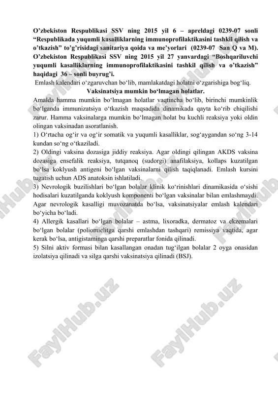 agi holatni o‘zgarishiga bog‘liq. vaksinatsiya mumkin bo‘lmagan holatlar. amalda hamma mumkin bo‘lmagan holatlar vaqtincha bo‘lib, birinchi mumkinlik bo‘lganda immunizatsiya o‘tkazish maqsadida dinamikada qayta ko‘rib chiqilishi zarur. hamma vaksinalarga mumkin bo‘lmagan holat bu kuchli reaksiya yoki oldin olingan vaksinadan asoratlanish. 1) o‘rtacha og‘ir va og‘ir somatik va yuqumli kasalliklar, sog‘aygandan so‘ng 3-14 kundan so‘ng o‘tkaziladi. 2) oldingi vaksina dozasiga jiddiy reaksiya. agar oldingi qilingan akds vaksina dozasiga ensefalik reaksiya, tutqanoq (sudorgi) anafilaksiya, kollaps kuzatilgan bo‘lsa koklyush antigeni bo‘lgan vaksinalarni qilish taqiqlanadi. emlash kursini tugatish uchun ads anatoksin ishlatiladi. 3) nevrologik buzilishlari bo‘lgan bolalar klinik ko‘rinishlari dinamikasida o‘sishi hodisalari kuzatilganda koklyush komponenti bo‘lgan vaksinalar bilan emlashmaydi. agar nevrologik kasalligi muvozanatda bo‘lsa, vaksinatsiyalar emlash kalendari bo‘yicha bo‘ladi. 4) allergik kasallari bo‘lgan bolalar – astma, lixoradka, dermatoz va ekzemalari bo‘lgan bolalar (poliomielitga qarshi emlashdan tashqari) remissiya vaqtida, agar kerak bo‘lsa, antigistaminga qarshi preparatlar fonida qilinadi. 5) silni aktiv formasi bilan kasallangan onadan tug‘ilgan bolalar …