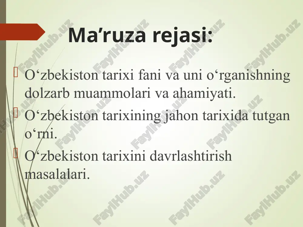 adaniyati va milliy qadriyatlarini hurmat qilish o’zbekiston tarixini o’rganishda asos bo’luvchi umuminsoniy qadriyatlar * o‘zbekiston tarixi fanining vazifalari: 1. tarixni manbalar asosida o‘rganib, xolislik va haqqoniylik mezonlariga tayanib o‘qituvchi va talabalarga tarixiy rivojlanish qonuniyatlarini etkazish. 2. fandagi dalillar va ularning umumlashmasiga asosiy e’tibor qaratib, qiyosiy tahlilni amalga oshirish. 3. zamon talablaridan kelib chiqib fandagi innovatsiyalarni doimiy ravishda jalb etish. 4. turli davrlardagi jamiyat taraqqiyotining turg‘unlik, inqiroz va taraqqiyot bosqichlari sabablarini ochib berish. 5. fandagi ilmiy asoslangan yangi nazariyalarni tahlil va umumlashtirish uslubi asosida o‘quv jarayoniga joriy etish. 6. tarixning harakatlanuvchi omillarini talabalarga ko‘rsatib berish. 7. komil insonni tarbiyalashda tarixning rolini asoslab berish. 8. yoshlarda milliy tafakkur, g‘urur va o‘zlikni anglash, vijdon va umuminsoniy barkamollikni tarbiyalash. 9. yosh avlodda vatanparvarlik va milliy jasoratni, millat va vatanga sadoqatlilikni rivojlantirish. o‘zbekiston tarixi fanining nazariy-uslubiy asoslari, usullari va dolzarb masalalari. o‘zbekiston tarixi fanining uslubiy, ilmiy-nazariy, g‘oyaviy va falsafiy asoslari. bunga quyidagilar kiradi: din bilan …