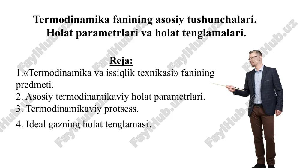 odda tekshirilayotgandagi aniq fizikaviy sharoitlarni, binobarin tekshirilayotgan modda holatini aniqlovchi kattaliklar holat parametrlari deyiladi. holat parametrlariga bir nechta kattaliklar kiradi:solishtirma hajm, absolyut temperatura, absolyut bosim, ichki energiya, entalpiya, entropiya va boshqalar. holat parametrlaridan eng qulayi va muhimi jismning absolyut bosimi, absolyut temperaturasi va solishtirma hajmi bo‘lib, bu parametrlar asosiy termodinamikaviy holat parametrlari deyiladi. 9 holat parametri tempe- ratura bosim hajm ichki energiya entalpiya entropiya asosiy termodinamikaviy holat parametrlari holat funksiyalari solishtirma hajm bu- moddaning egallagan hajmini uning massasiga nisbati - solishtirma hajm deyiladi. solishtirma hajmga teskari kattalik, ya'ni modda massasining hajmiga nisbati - zichlik deyiladi jismning isiganlik darajasini xarakterlovchi kattalik temperatura deyiladi. molekulyar - kinetik nazariyaga ko‘ra jismning isiganlik darajasi shu jism molekulalari xaotik harakatining tezligiga bog‘liq. jismga issiqlik berilganda molekulalarining harakatlanish tezligi kattalashadi. bunda jism qiziydi, ya’ni uning temperaturasi ko‘tariladi. shunday qilib, gazning temperaturasini gaz molekulalari o‘rtacha kinetik energiyasining o‘lchami sifatida qarash mumkin. si da shved fizigisselsiy shkalasi (xalqaro …